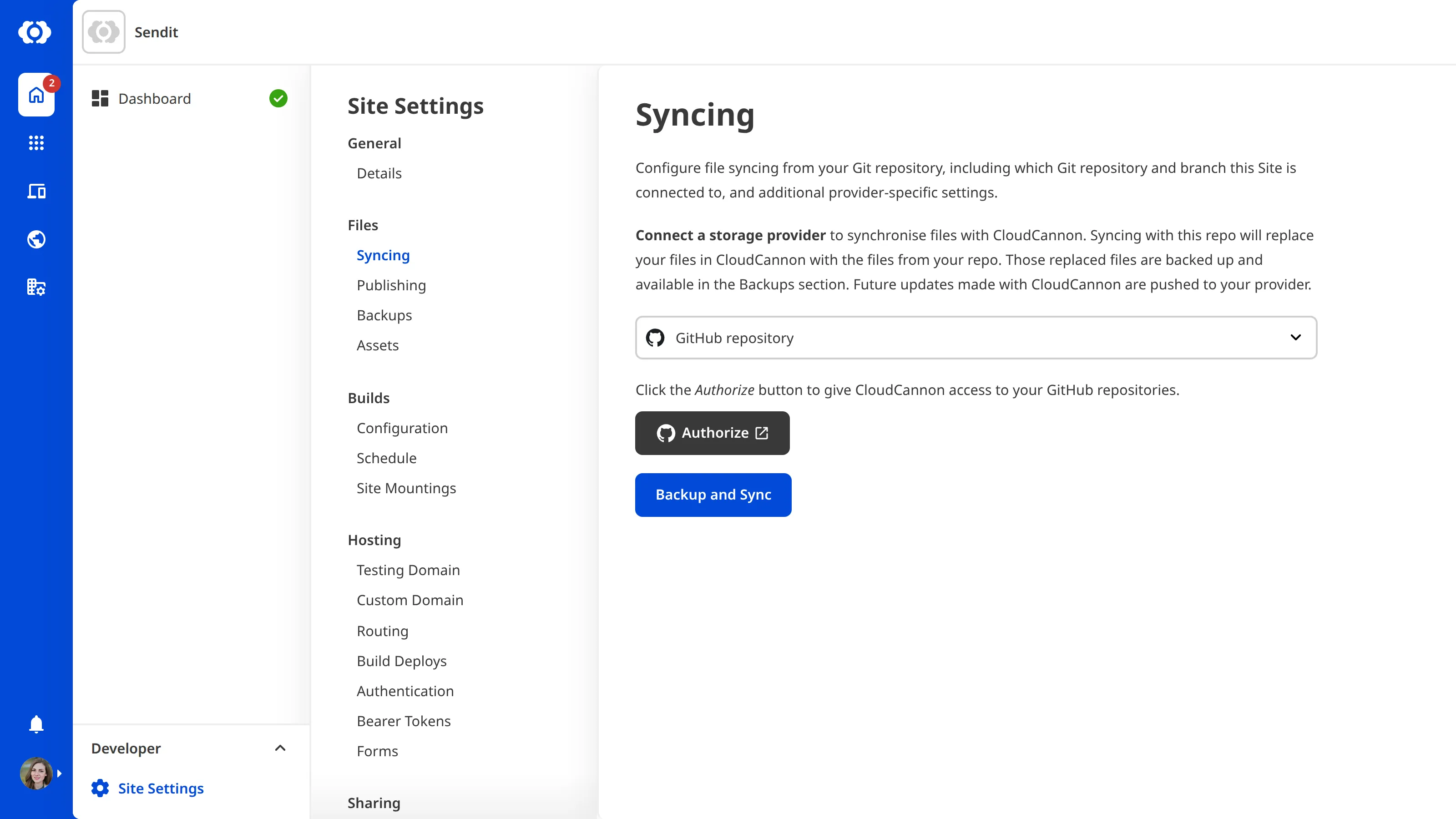 The Site Settings Syncing page with GitHub repository selected from the provider dropdown and an Authenticate button.