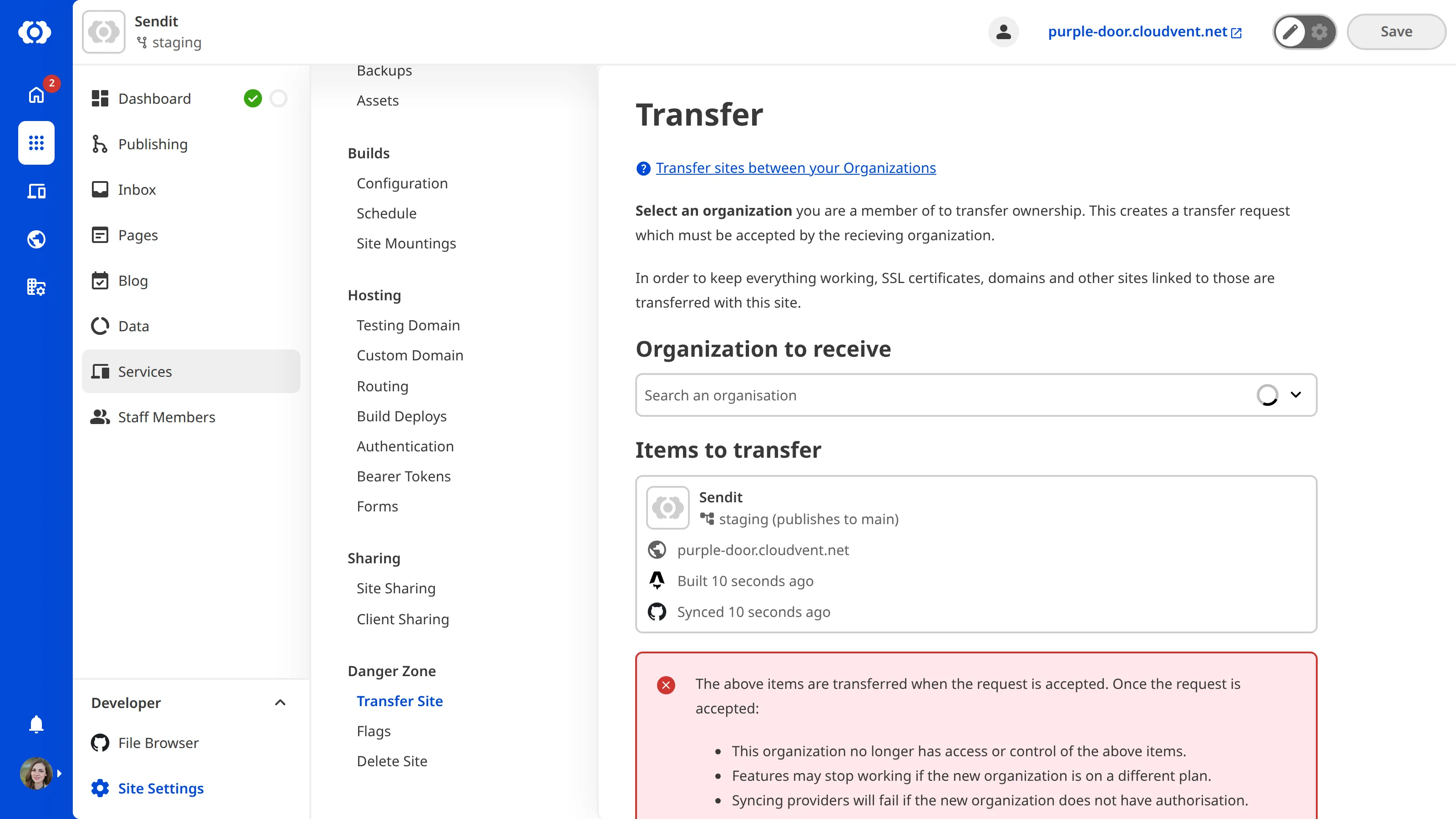 Screenshot of site transfer interface