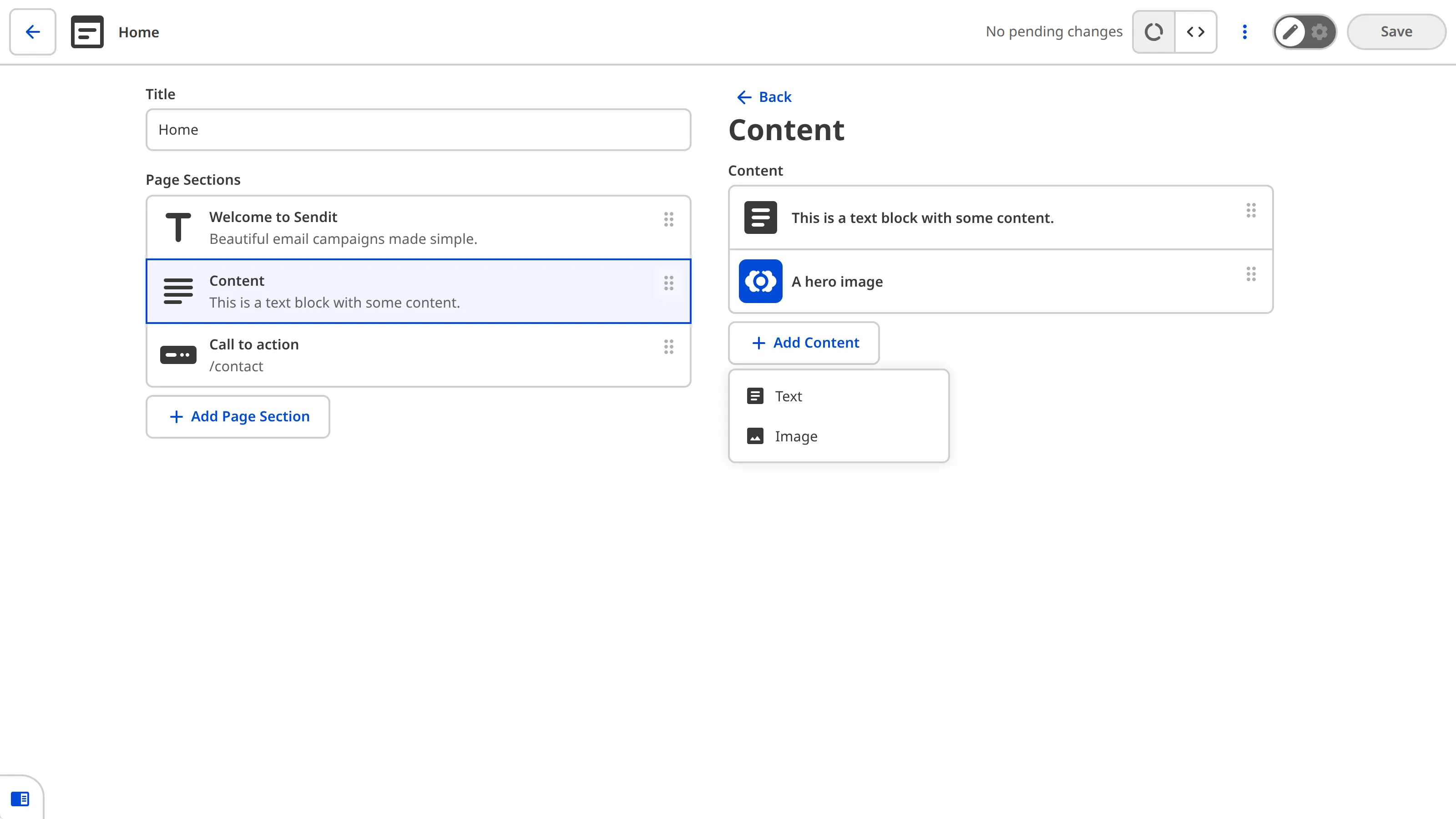 The sidebar of the Content Editor shows nested structure options within the Content item, with Text and Image sub-elements.