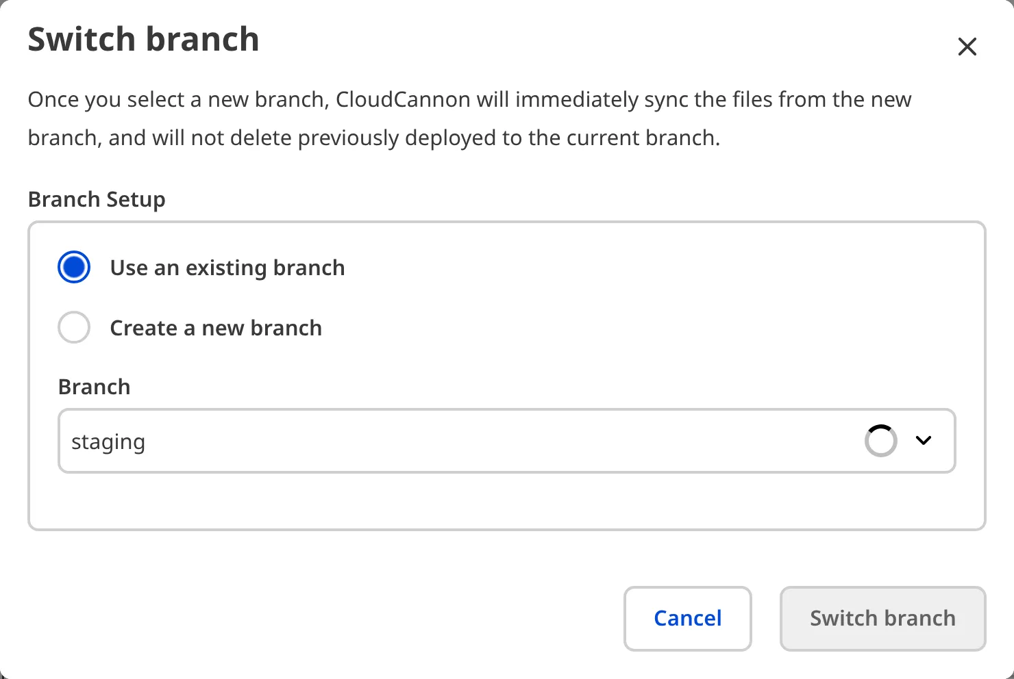 A screenshot of the Switch branch modal shows options to use an existing branch or create a new branch, with a branch dropdown and action buttons.
