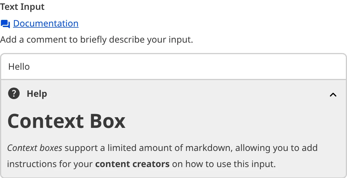 A screenshot of the Text Input in the Data Editor with a Context Box underneath the text area.