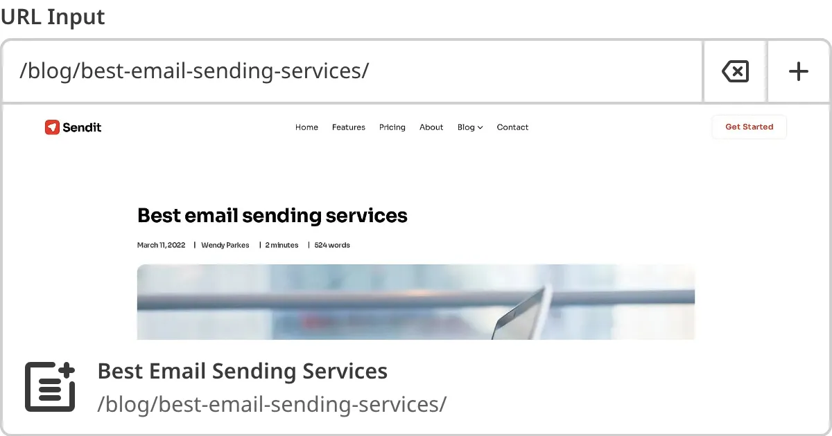 A screenshot of the URL Input in the Data Editor shows an local URL value with a preview of the URL screenshot, title, and output path.