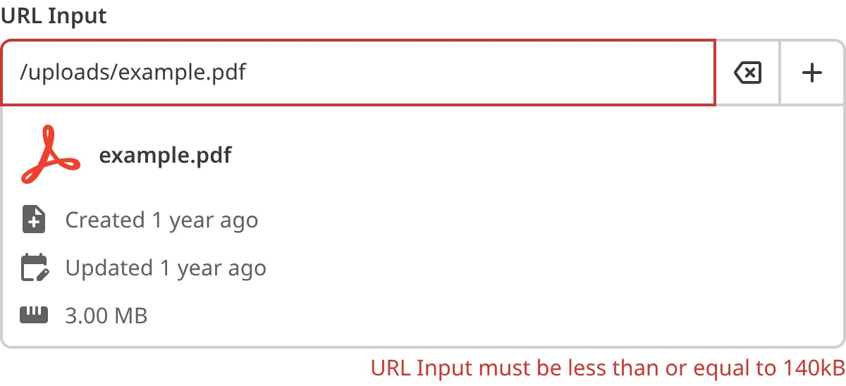 A screenshot of the URL input in the Data Editor shows that the uploaded file does not meet file size requirements.