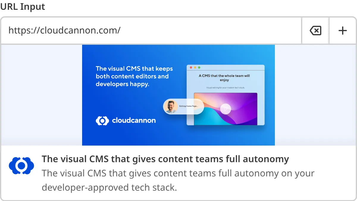 A screenshot of the URL Input in the Data Editor shows an external URL value with a preview of the URL image, title, and subtitle.