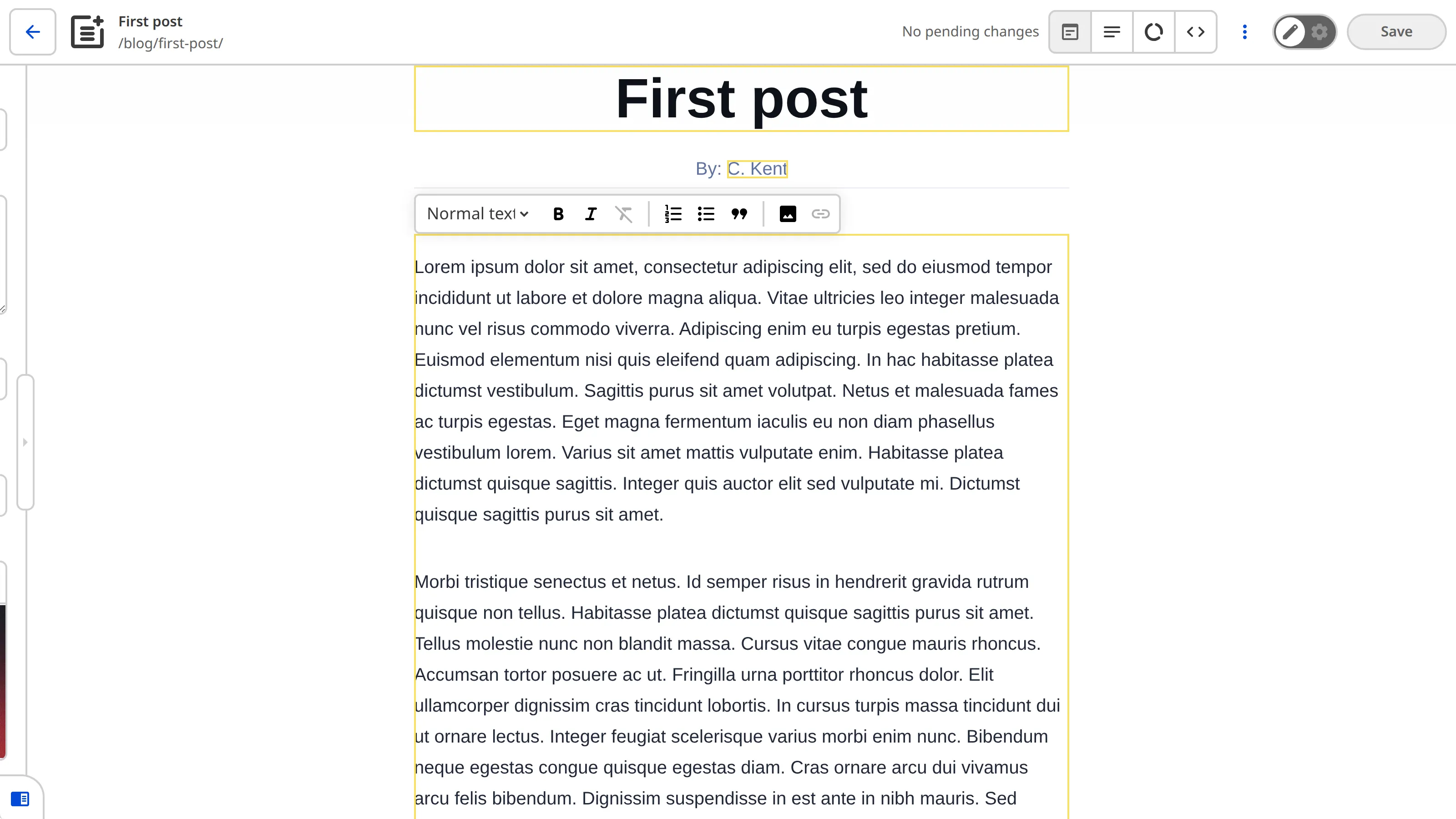 A screenshot of the Visual Editor shows a yellow Editable Regions box around the blog content and a WYSIWYG toolbar.
