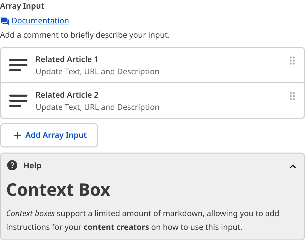 A screenshot of the Array Input in the Data Editor with a Context Box underneath the text area.