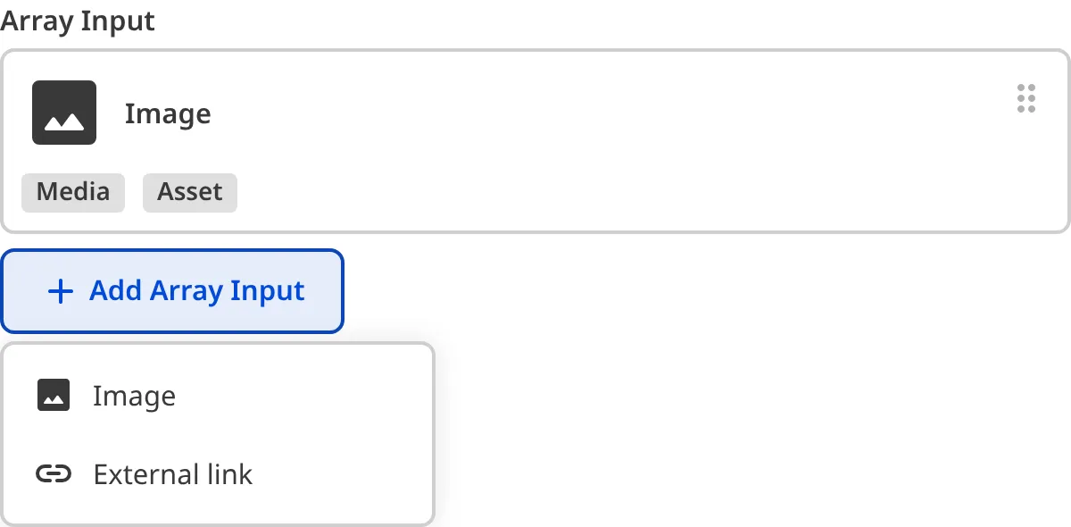 The structure picker dropdown on a structured Array input, showing available structures to add as a new entry.
