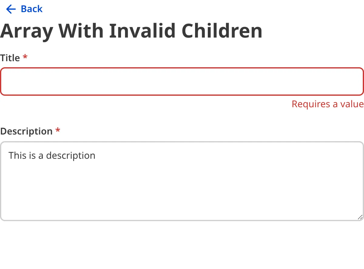 A screenshot of the invalid nested inputs within an Array input in the Data Editor.