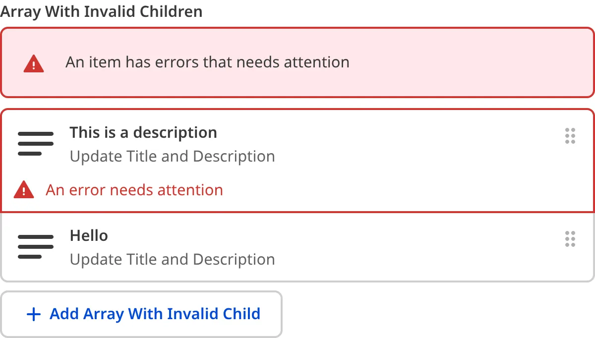 A screenshot of the Array input in the Data Editor shows that one or more nested inputs have a validation error.