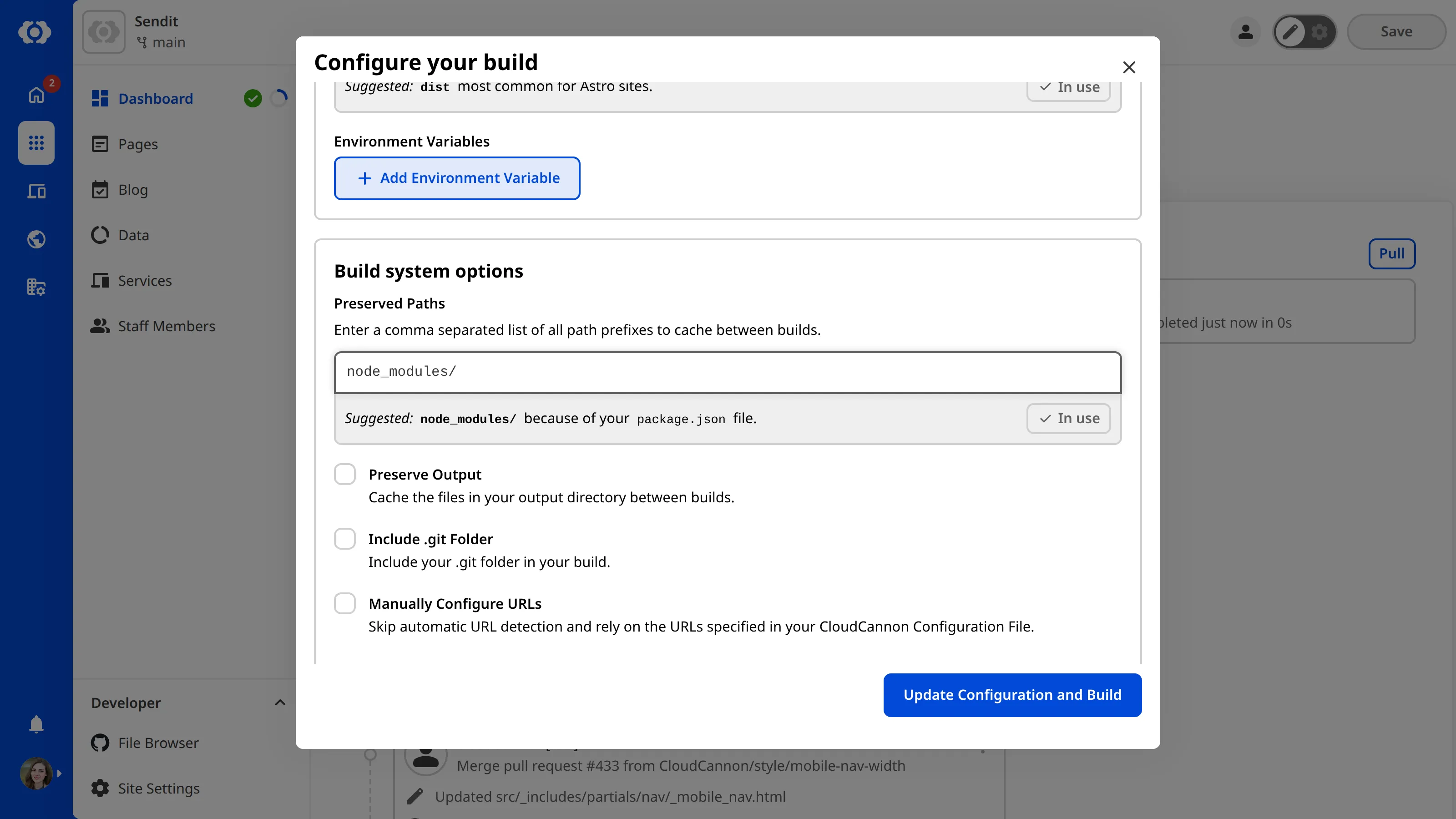 A screenshot of the Configure your build modal shows the build system options, including Preserved Paths.