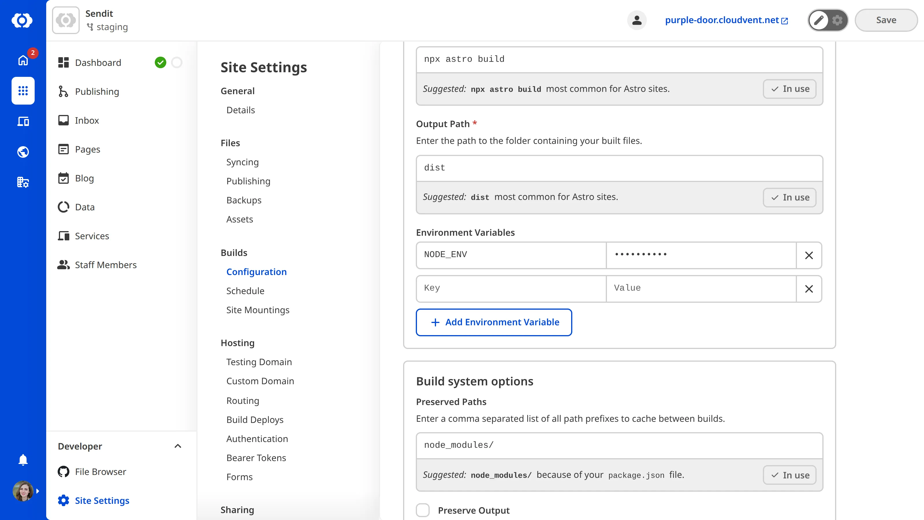 A screenshot of the Build Configuration page shows a text field for configuring your environment variables and an Add Environment Variable button.