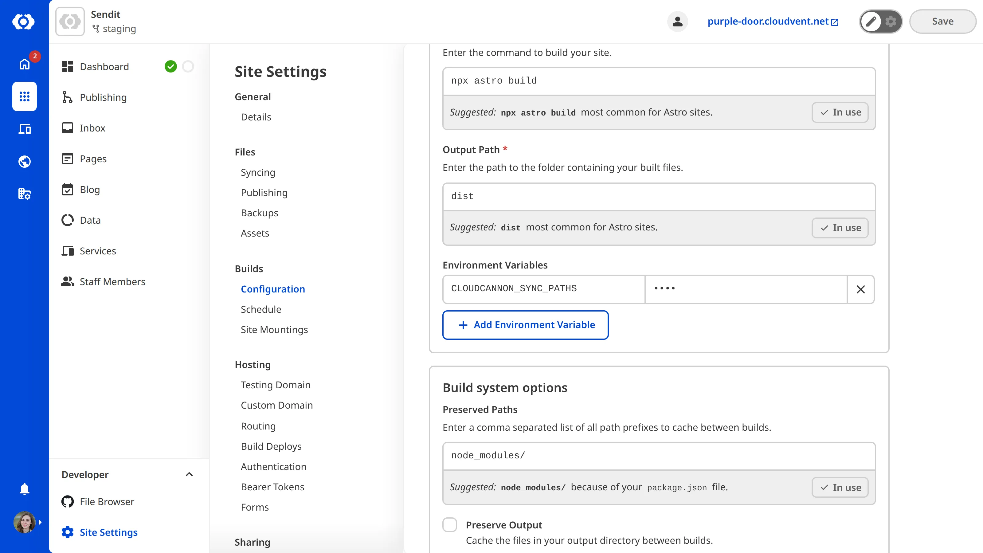 Screenshot of build settings with sync paths configured