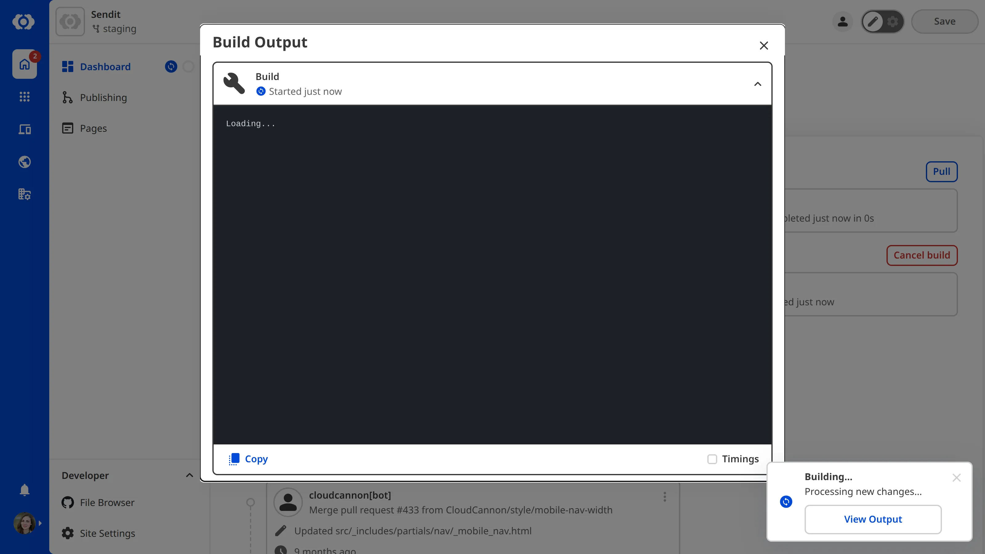 A screenshot of the Content Editor with the Build Terminal modal open shows the progress of the current Site build.