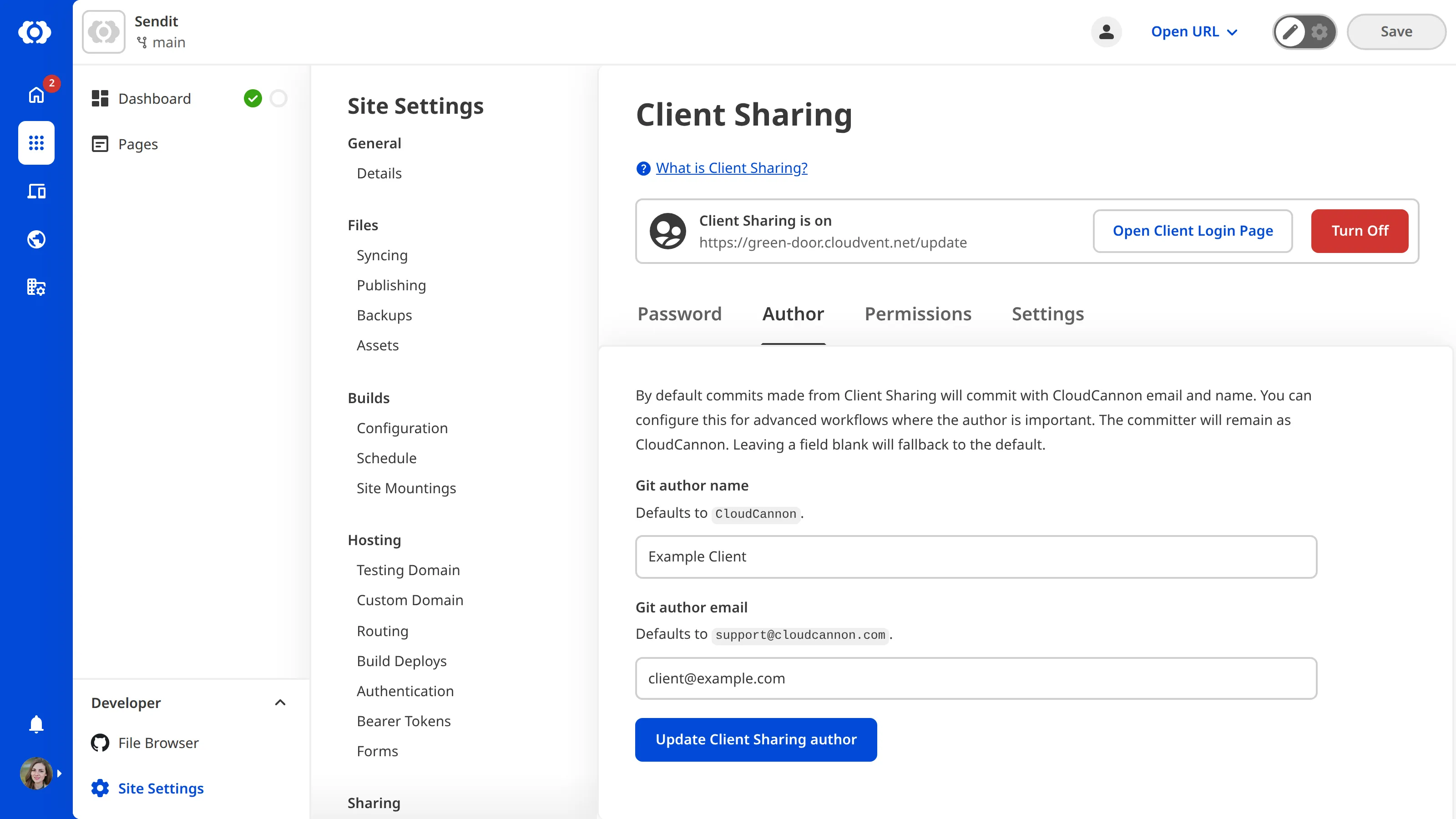 A screenshot of the Author tab on the Client Sharing page shows two fields for the name and email address applied to commits made by Clients.