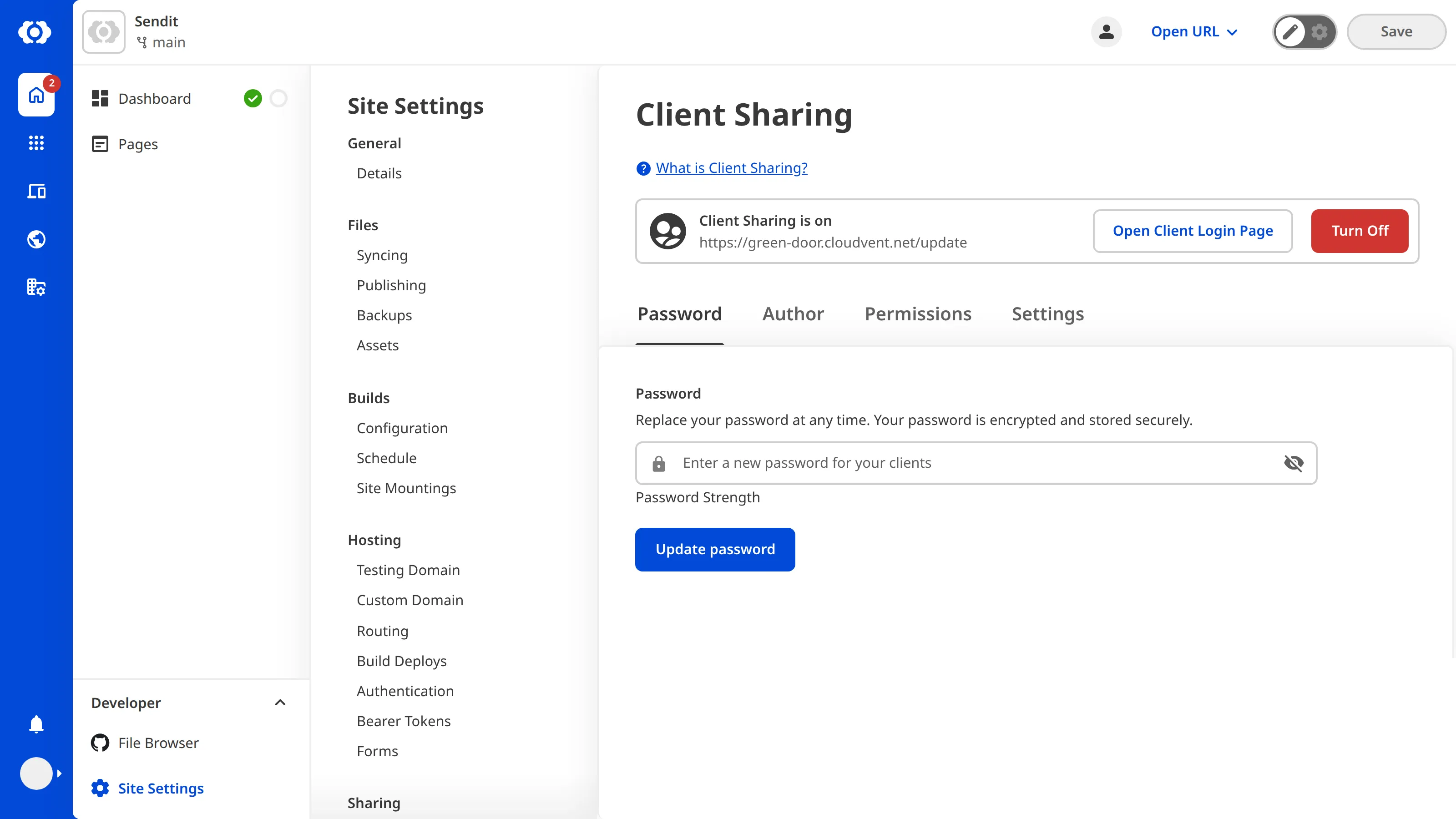 The Client Sharing page A screenshot of the Client Sharing page showing options to reset the password and disable Client Sharing.