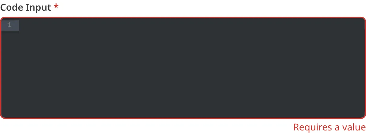 A screenshot of the Code input in the Data Editor shows that no value is causing an input validation error.