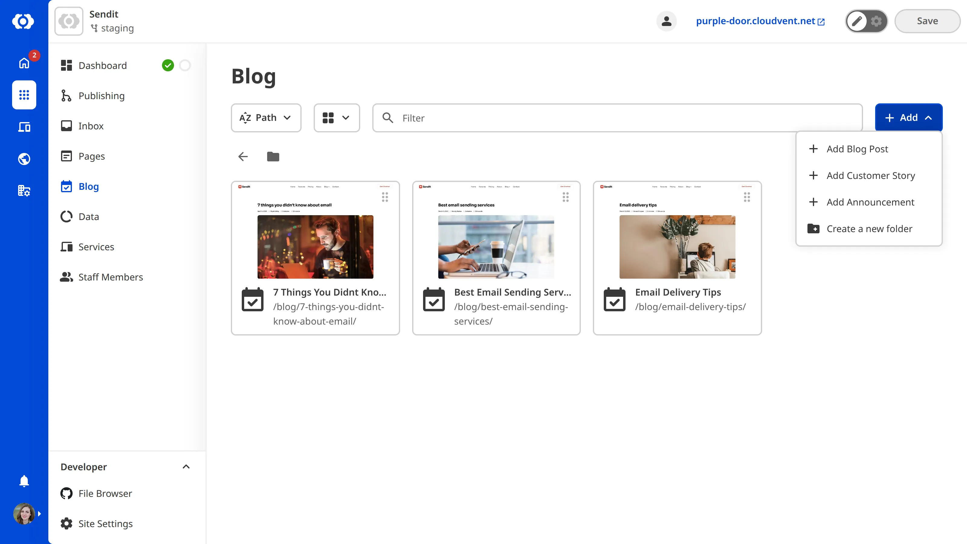 A closeup of the Collection Browser Add menu shows a schema for creating new articles.