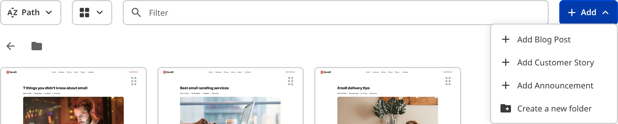 A closeup of the Collection Browser shows the controls bar and multiple options in the Add dropdown.