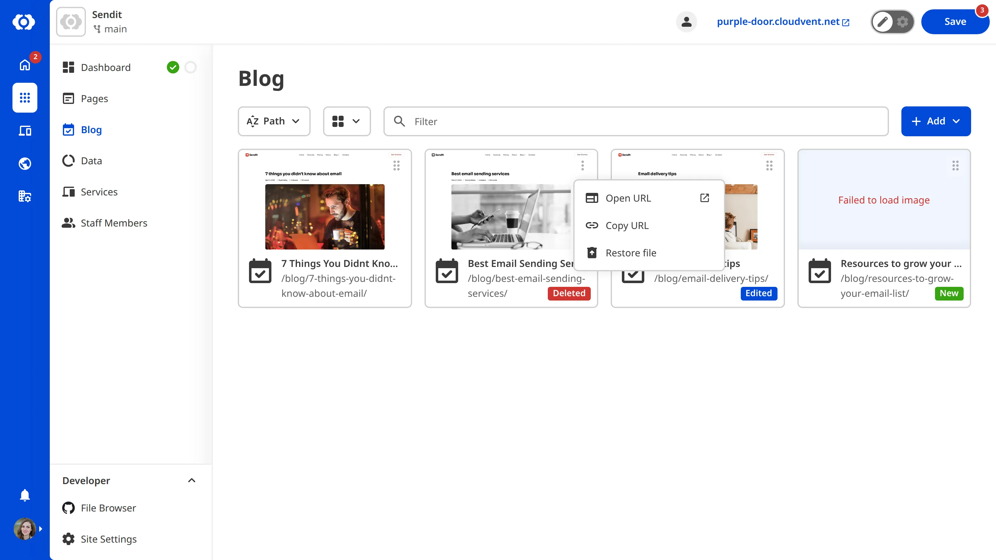A closeup of the Collection Browser shows the Context Menu for a deleted file with the option to restore.