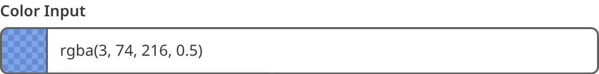 A screenshot of the Color input in the Data Editor shows a RGBA value in the text field.