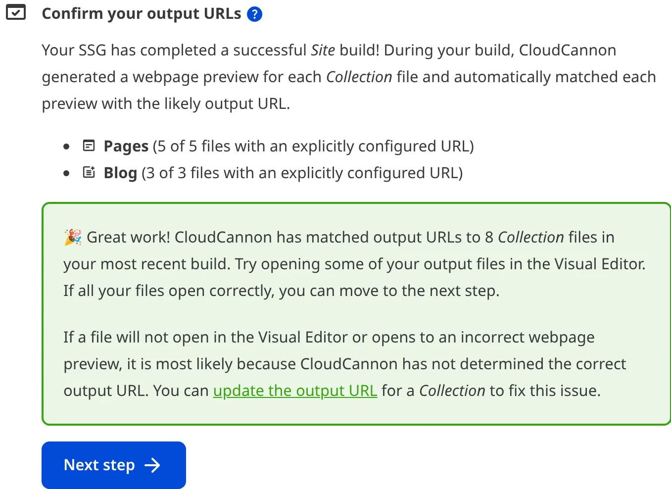 A screenshot of the Confirm your output files task shows two collections with eight output files.