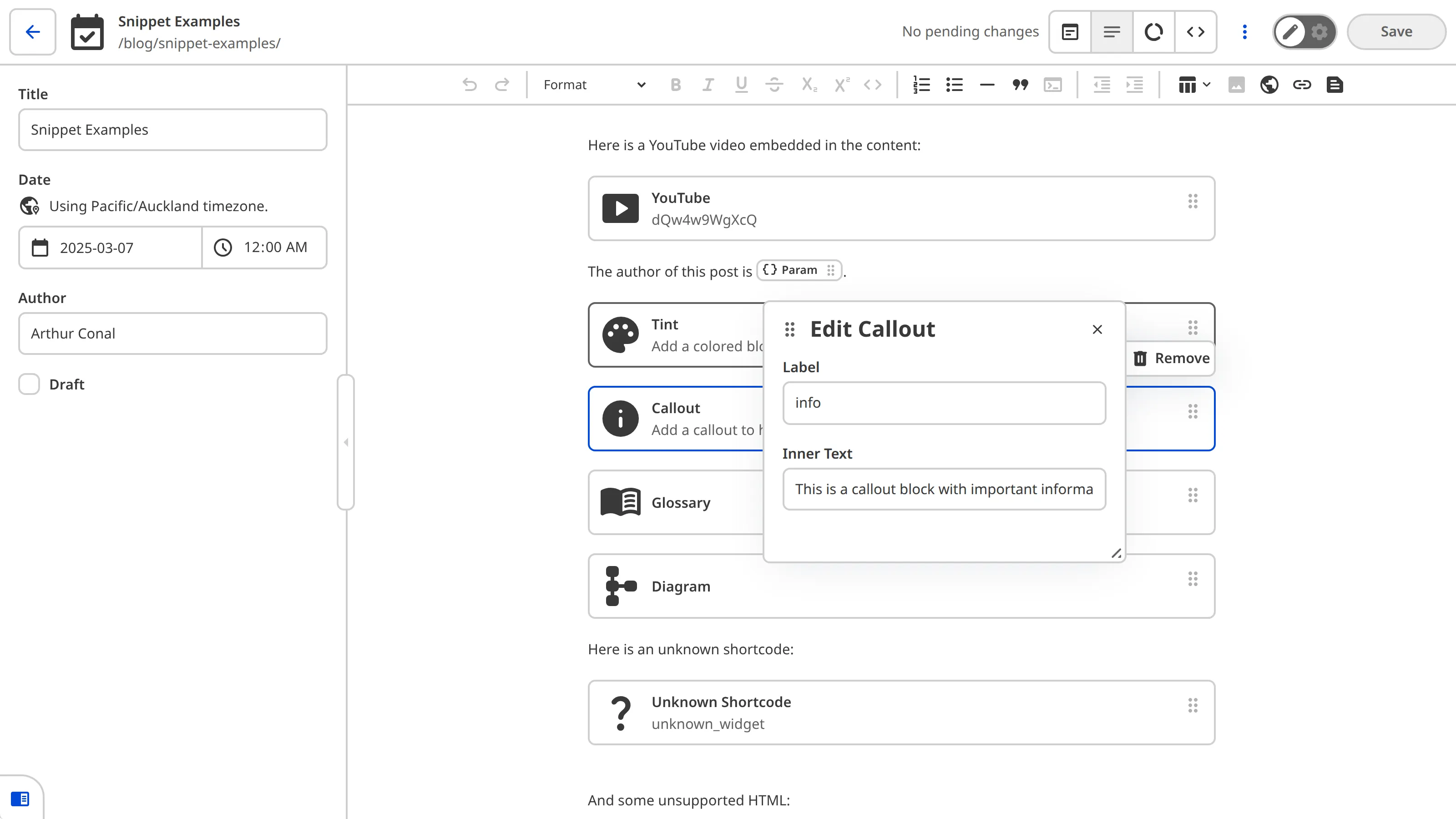 The Content Editor showing a Callout Snippet block selected with the data editor panel open, displaying Label and Inner Text inputs.