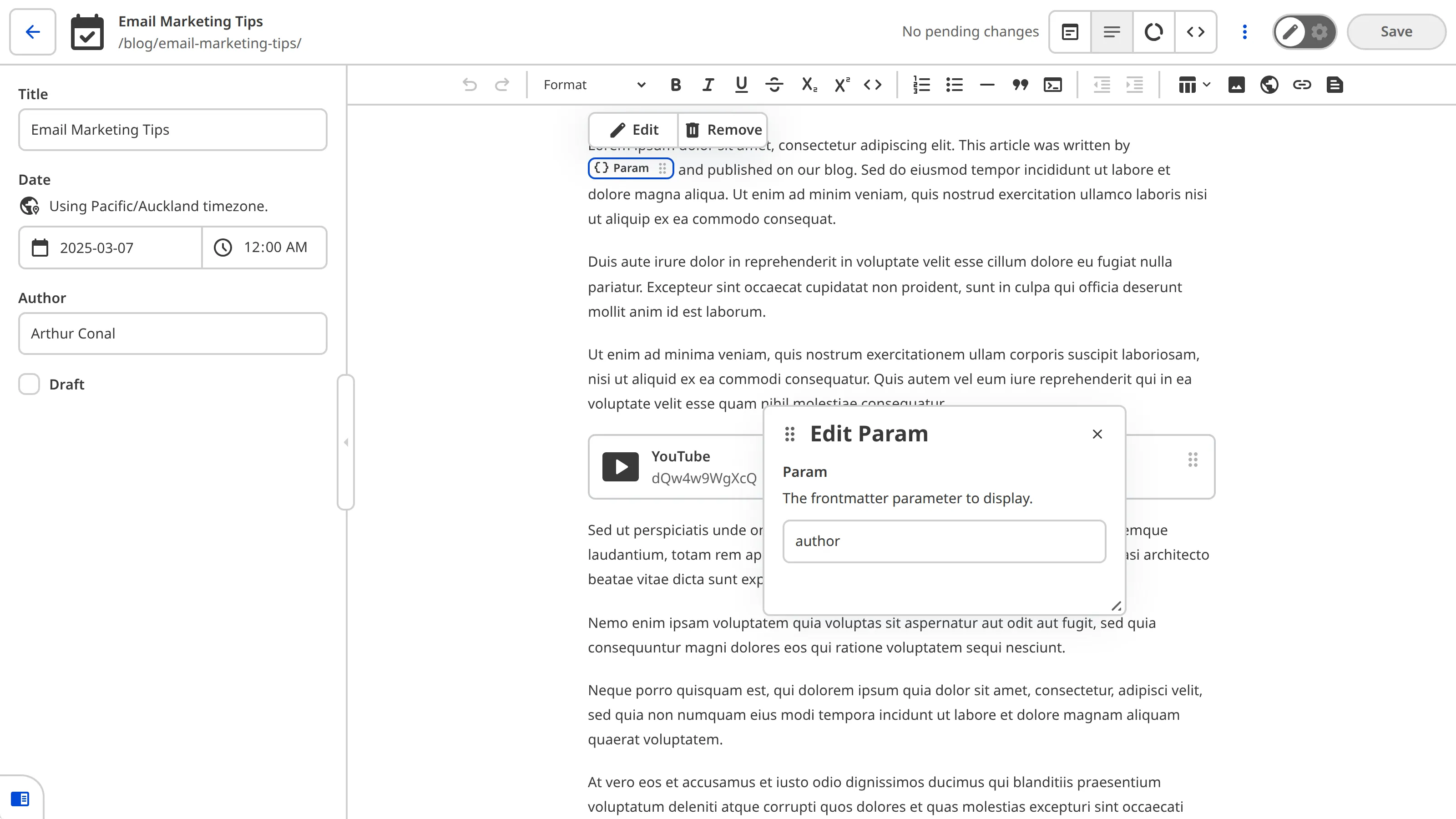 The Content Editor A screenshot of the Content Editor shows a blog post with an inline Param Snippet within a paragraph of text and the Snippet data panel open for editing.