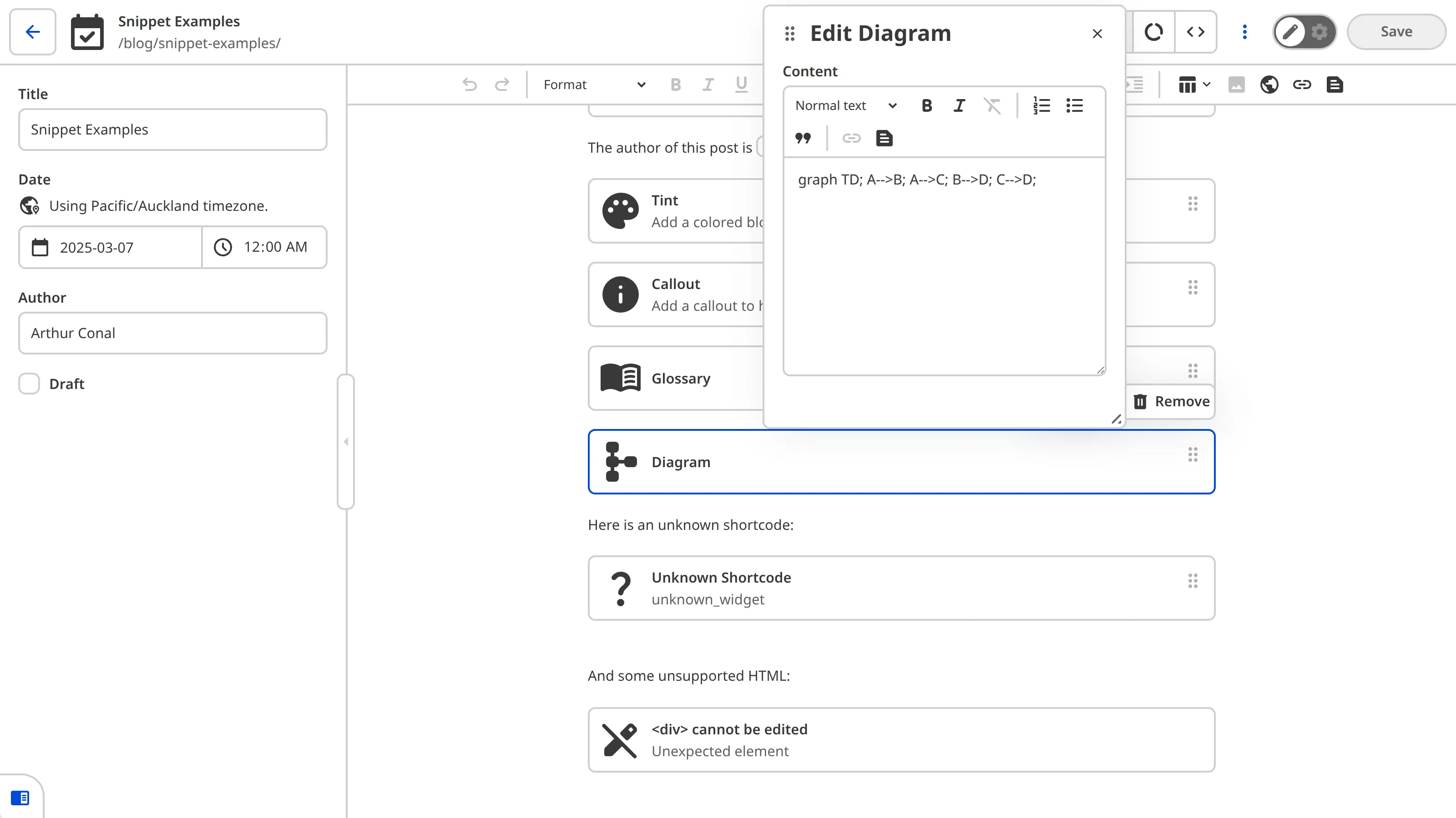 The Content Editor showing a Diagram Snippet block selected with the data editor panel open, displaying the Content input.