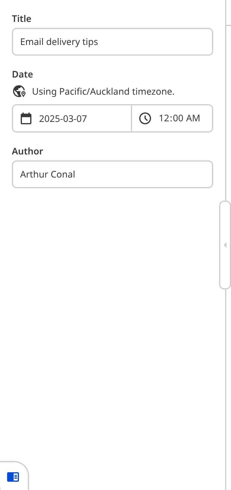 A closeup of the Content Editor sidebar, showing the front matter fields of a blog file.