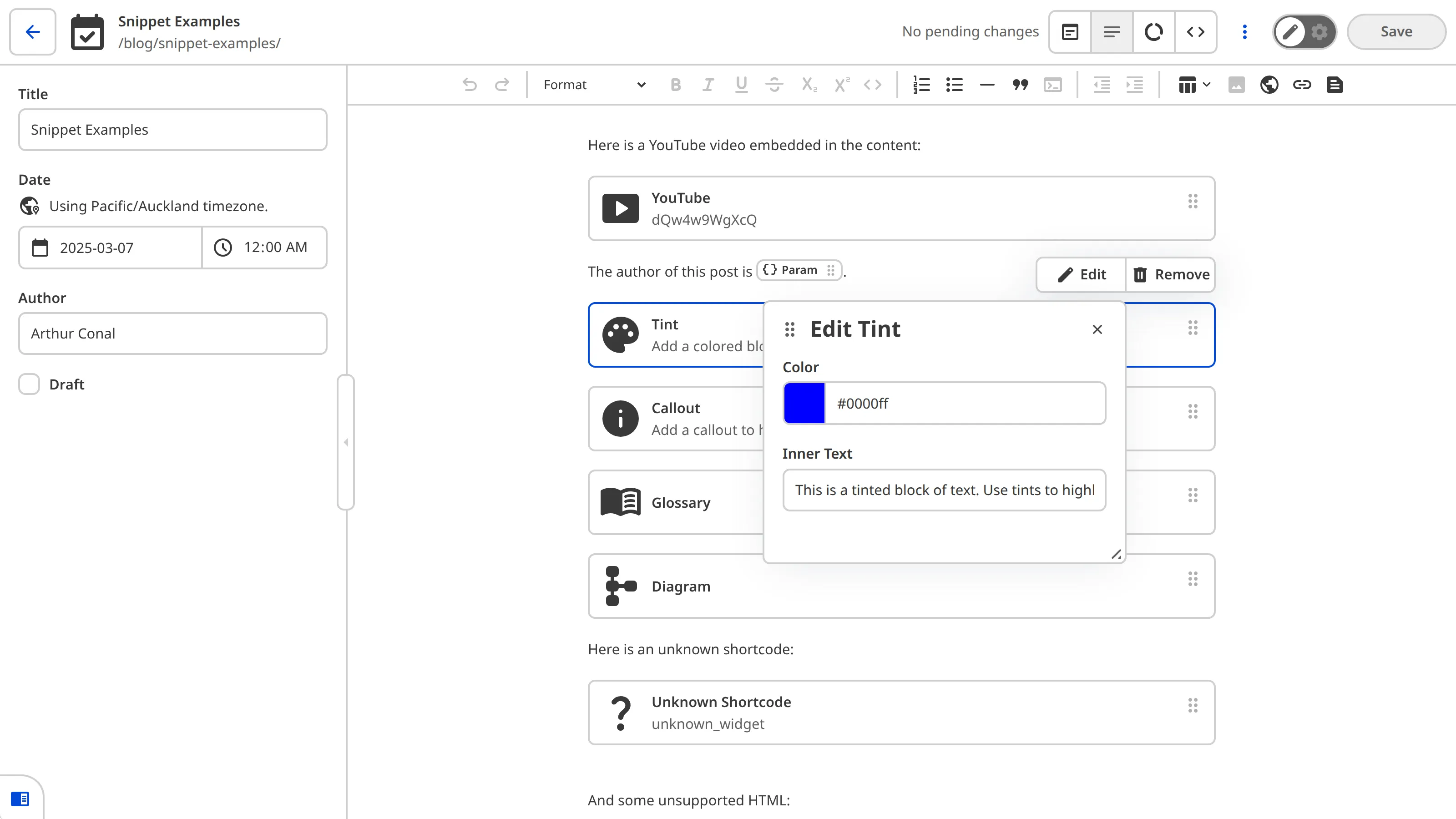 The Content Editor showing a Tint Snippet block selected with the data editor panel open, displaying Color and Inner Text inputs.