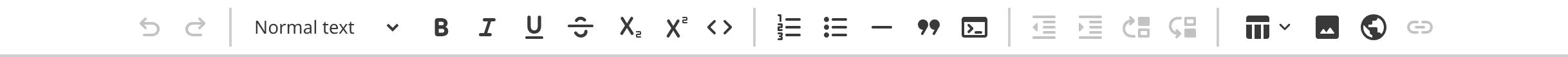 A closeup of the WYSIWYG toolbar, including tools for formatting rich text.