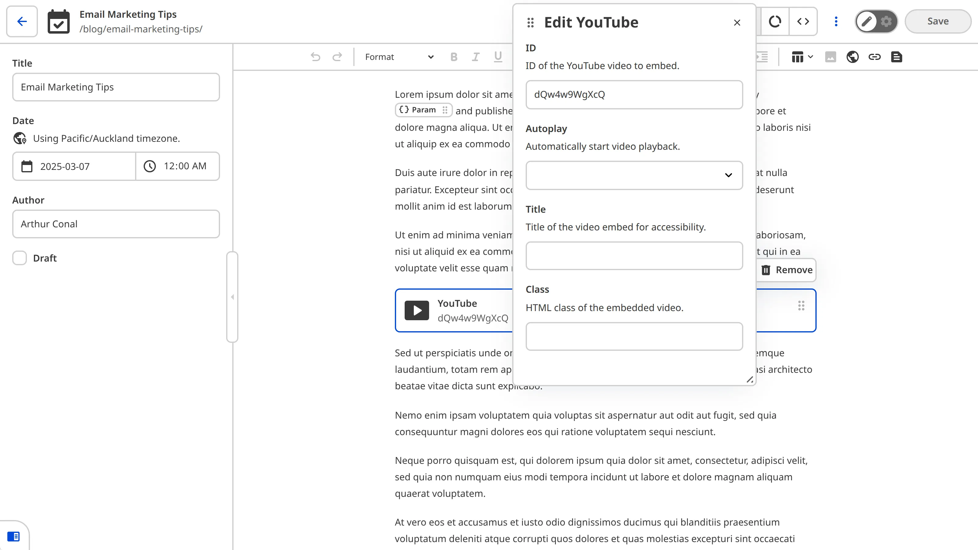The Content Editor shows a YouTube snippet in the rich text content with its data panel open for editing.