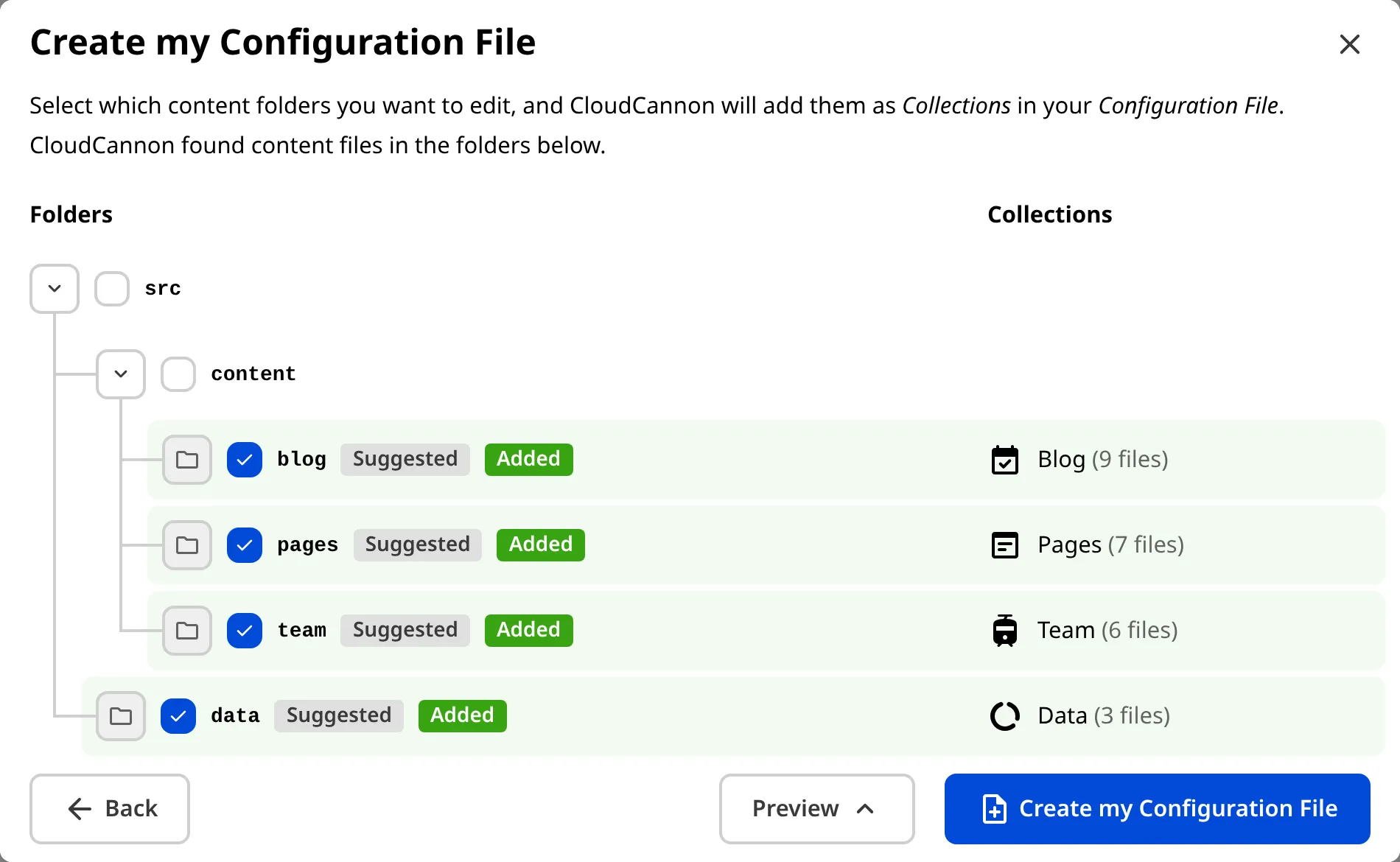 A screenshot of the Create my Configuration File modal shows a tree structure of potential Collections detected in your files.