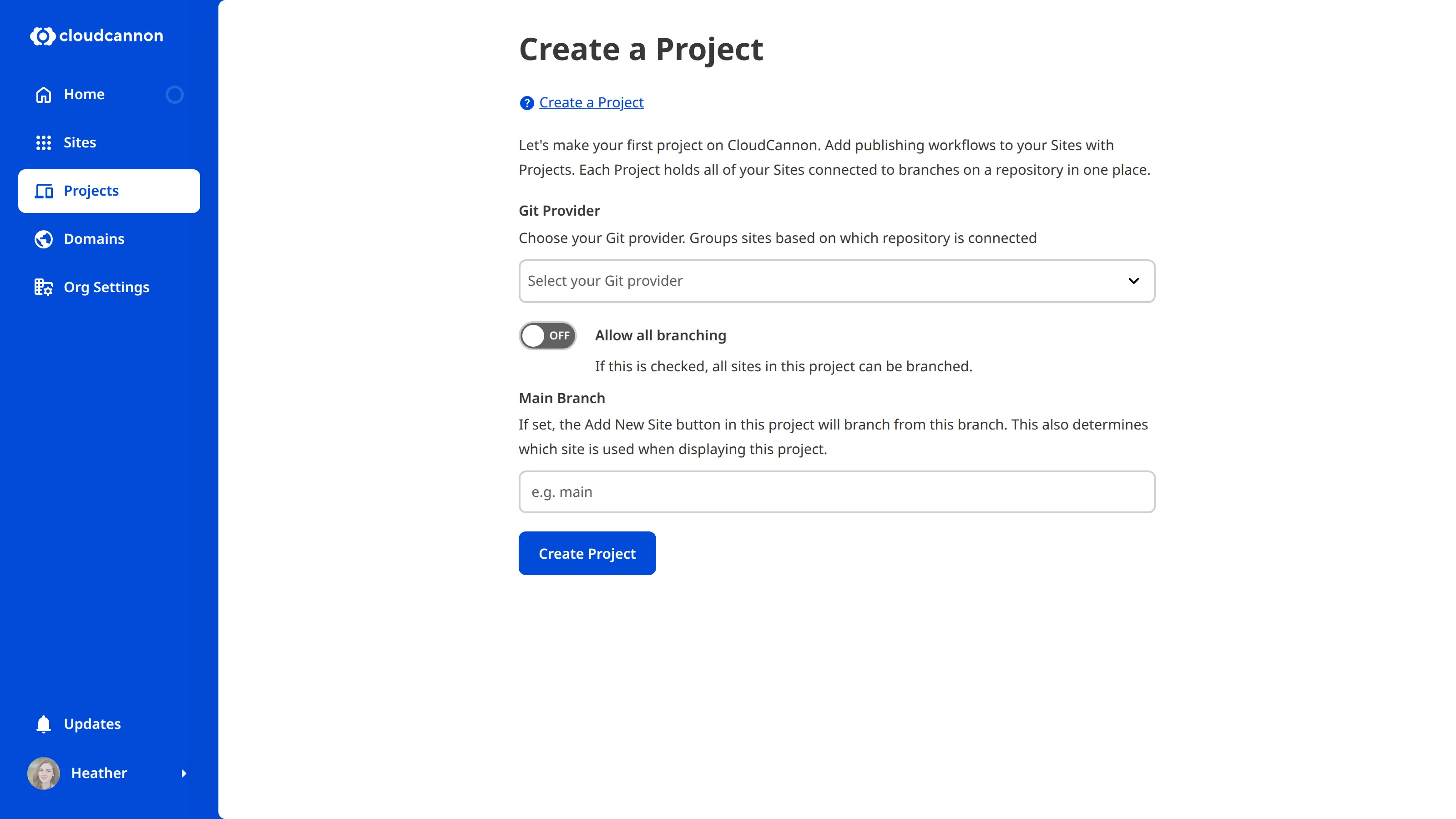 The Create a Project page A screenshot of the Create a Project page shows fields for Git Provider, Repository, Main Branch, and other settings.