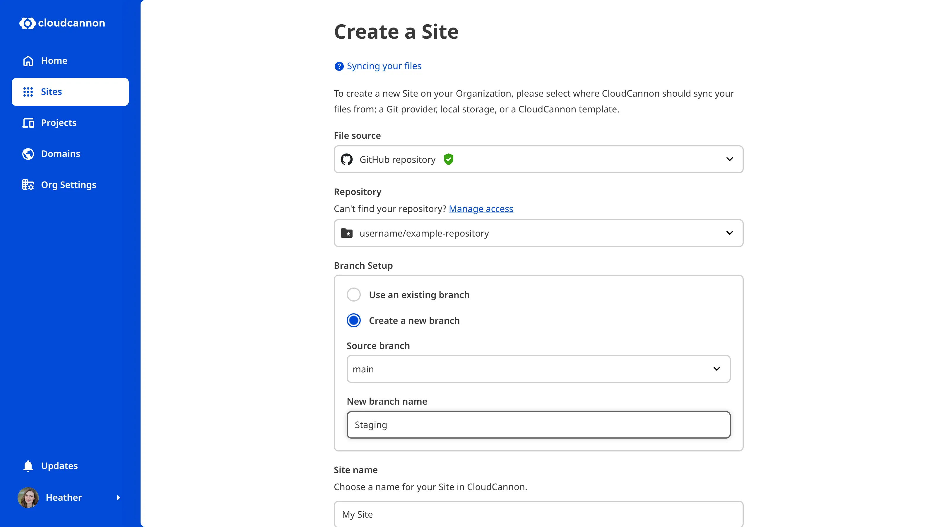 The Create a Site page with a new branch The Create a Site page with the Create a new branch option selected, branching from main.