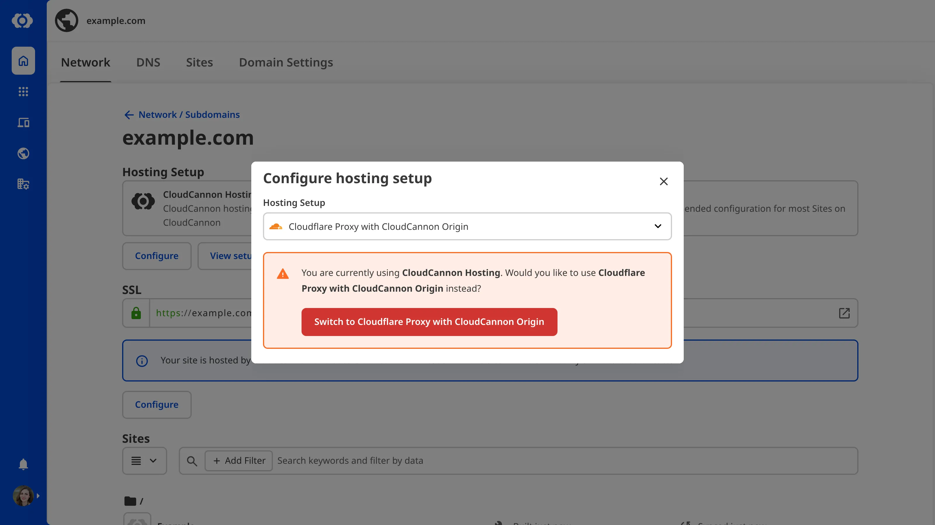A screenshot of the Custom Domain page shows the Cloudflare Proxy with CloudCannon Origin option in the Hosting Setup dropdown.