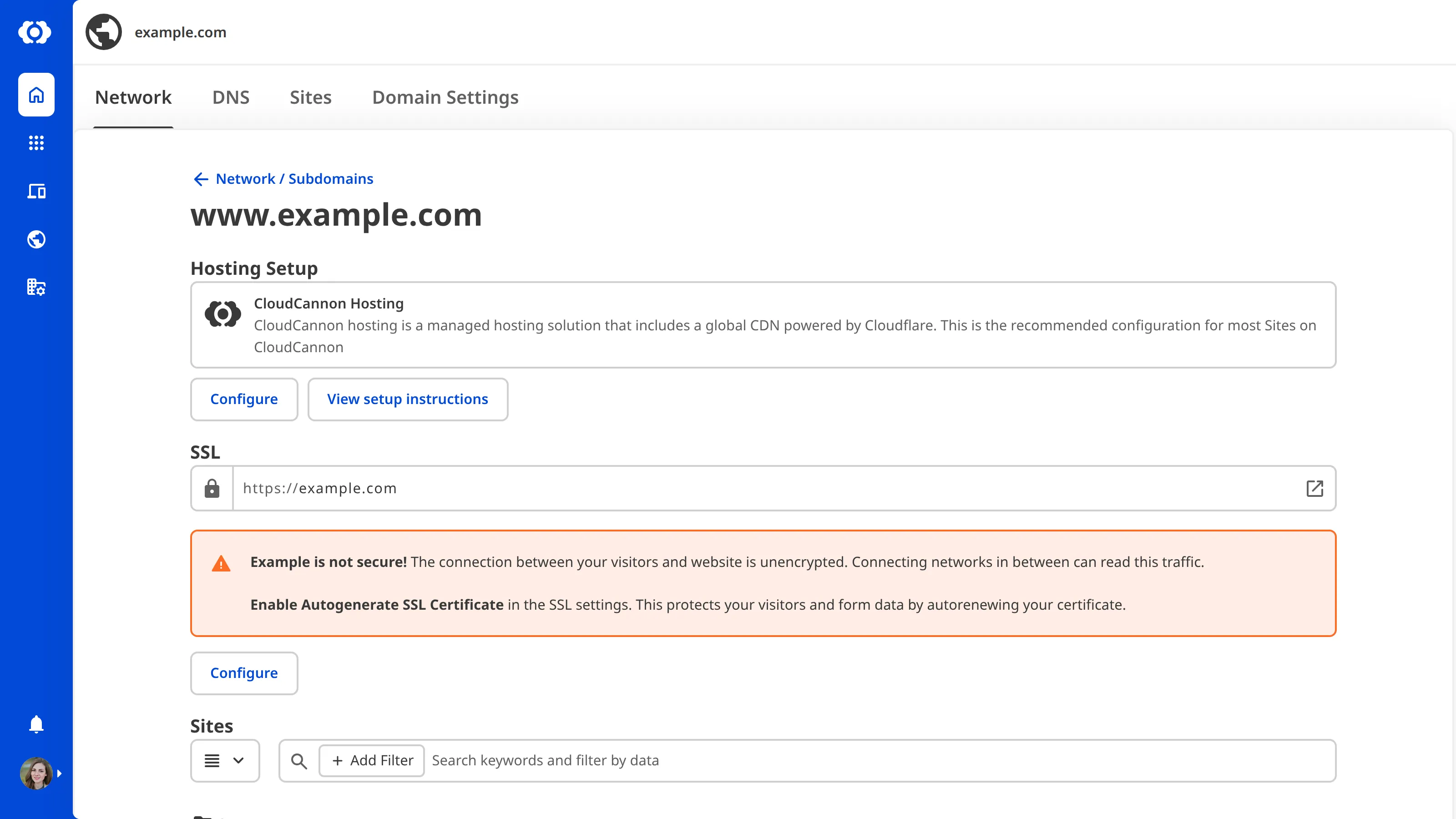 A screenshot of the Custom Domain subdomain page shows the SSL status is pending.