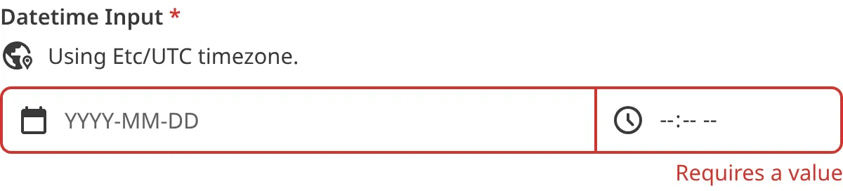A screenshot of the Datetime input in the Data Editor shows that no value is causing an input validation error.