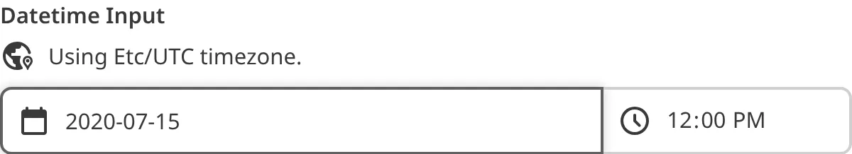 A screenshot of the Datetime input in the Data Editor shows an open calendar widget under the date text field.