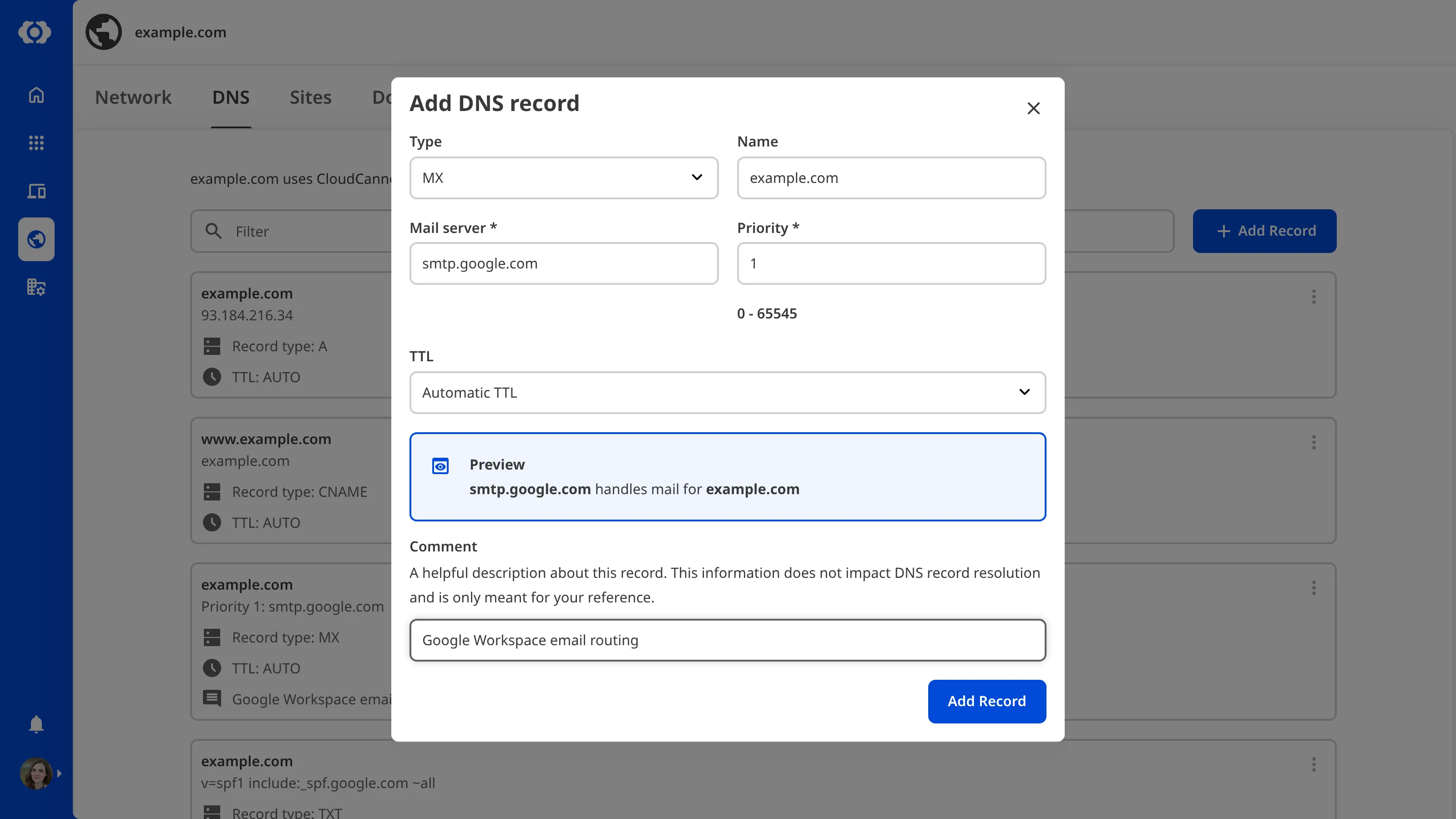 A screenshot of the DNS tab on the Domain page showing the Add DNS Record modal with fields for Type, Name, IPv4 Address and TTL.