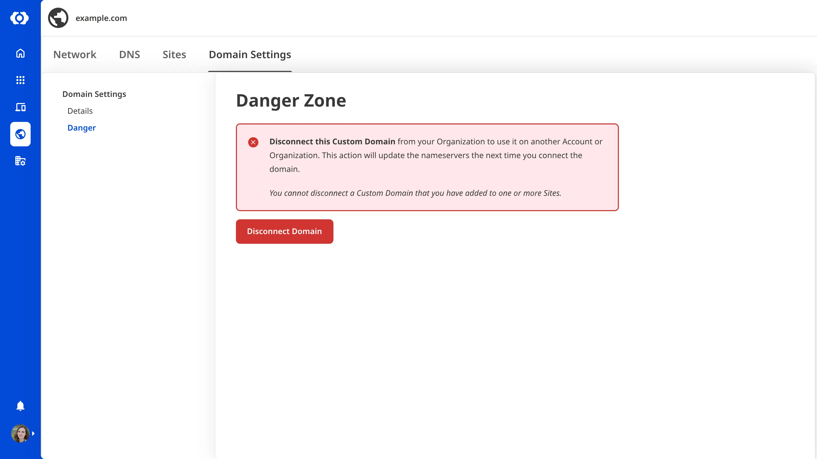 A screenshot of the Domain Settings tab on the Domain page shows the Disconnect Domain button and a warning notification.