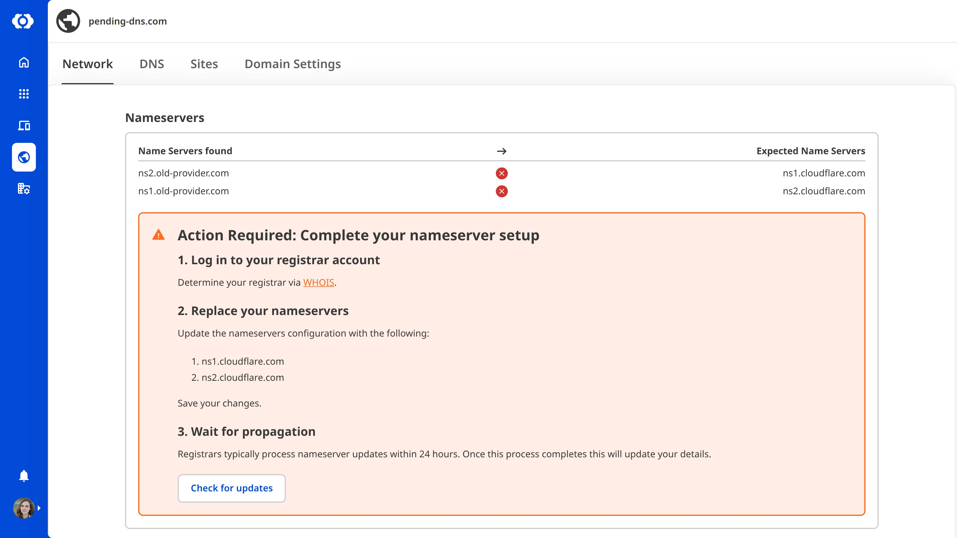 A screenshot of the Domain Network page shows the nameserver setup instructions for a domain with misconfigured nameservers.