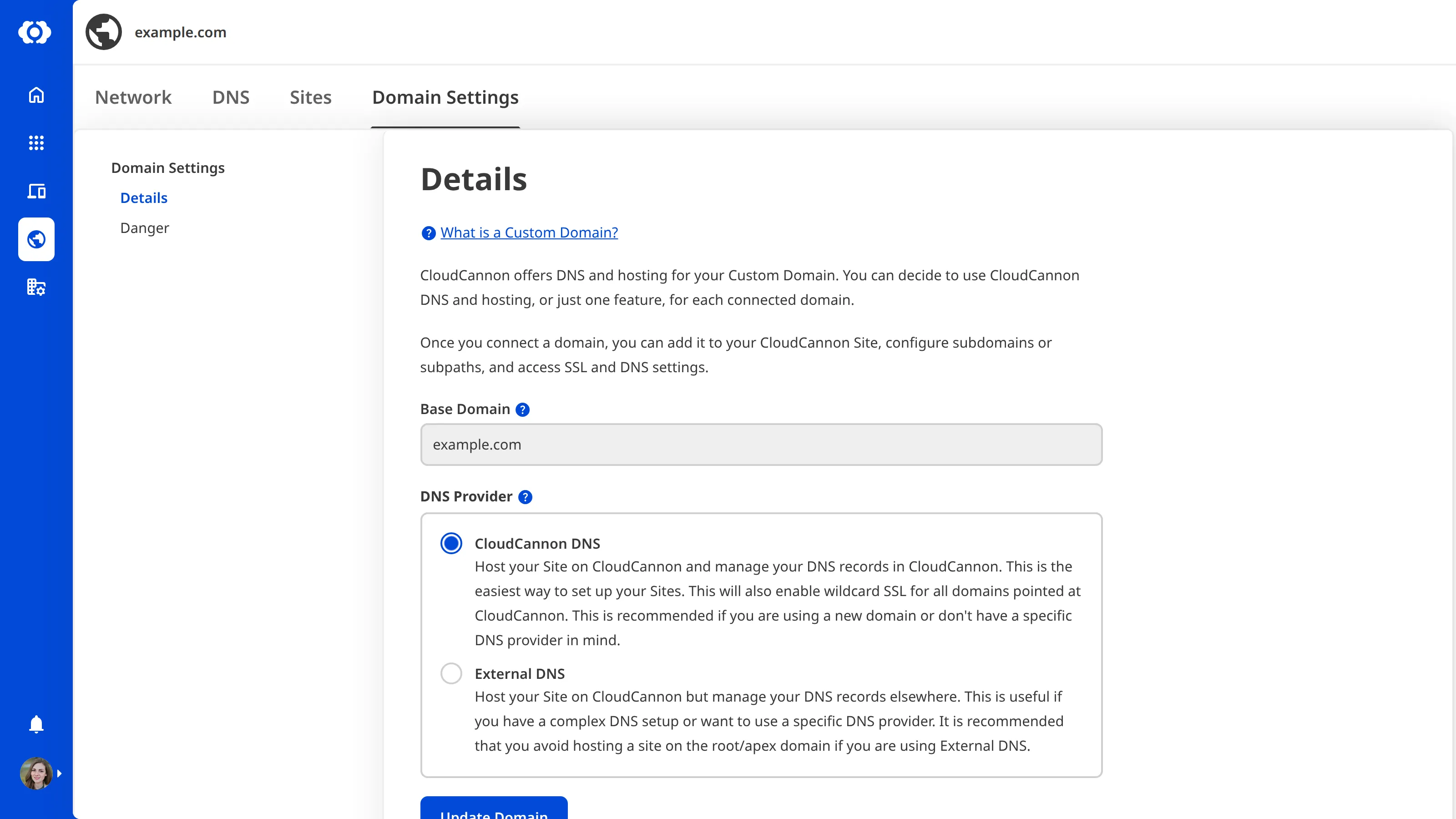 A screenshot of the Domain Settings page shows the DNS Provider radio button is set to CloudCannon DNS.