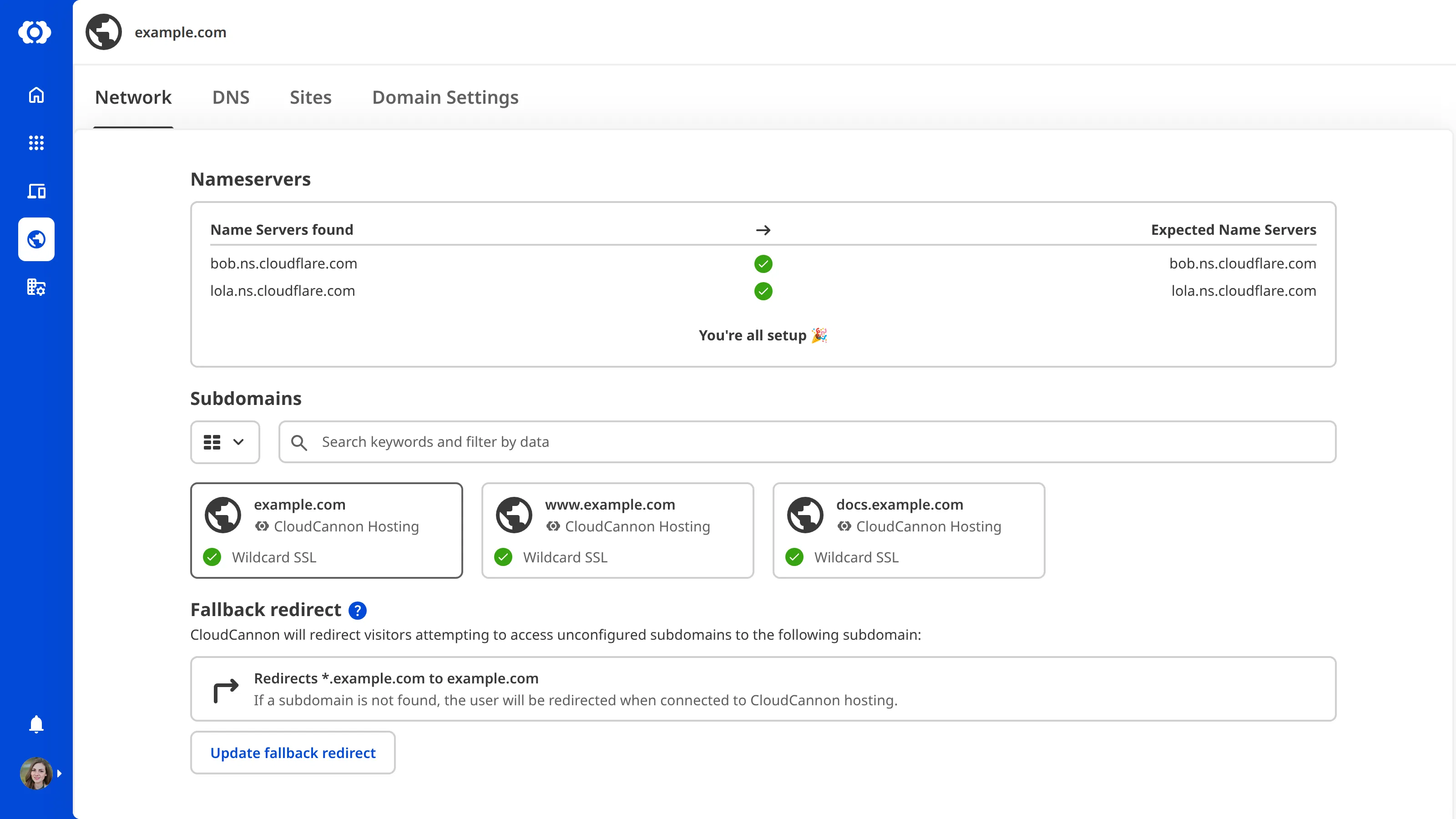 A screenshot of the Network tab on the Domain page shows the fallback redirect section and Update fallback redirect button.