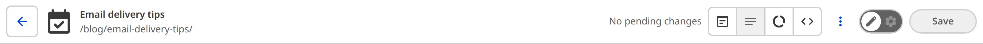 The editing interface header The Editing interface header, showing the return button, file details, update status, avatars, editing dropdown, interface buttons, and save button.
