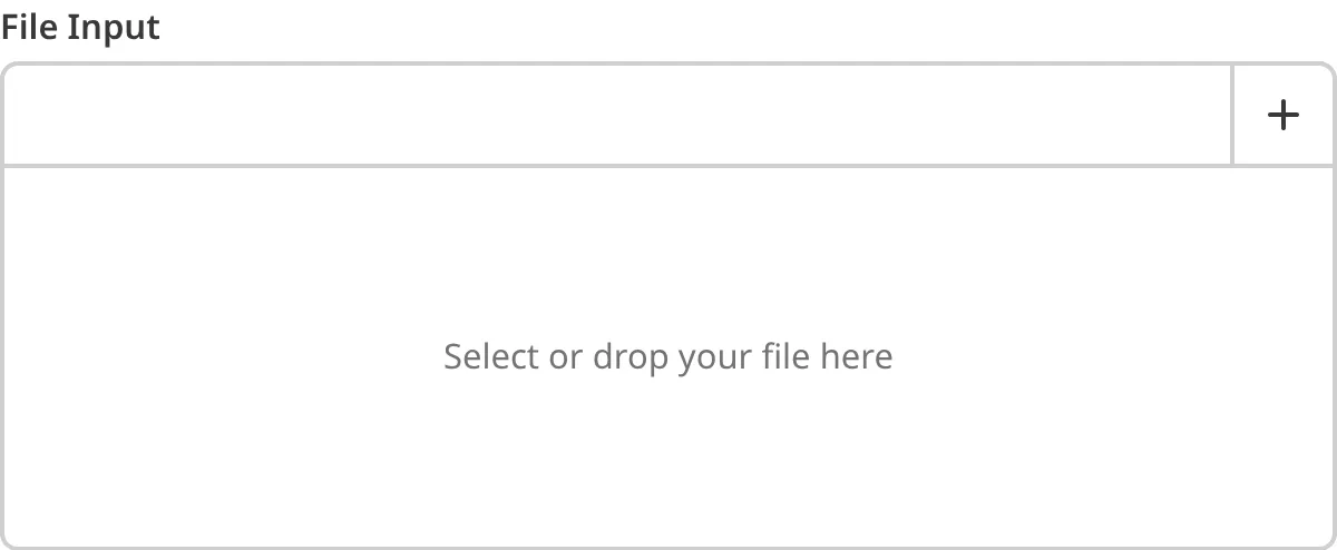 A screenshot of an empty File Input in the Data Editor shows a text field, a plus button, and a drag-and-drop area.