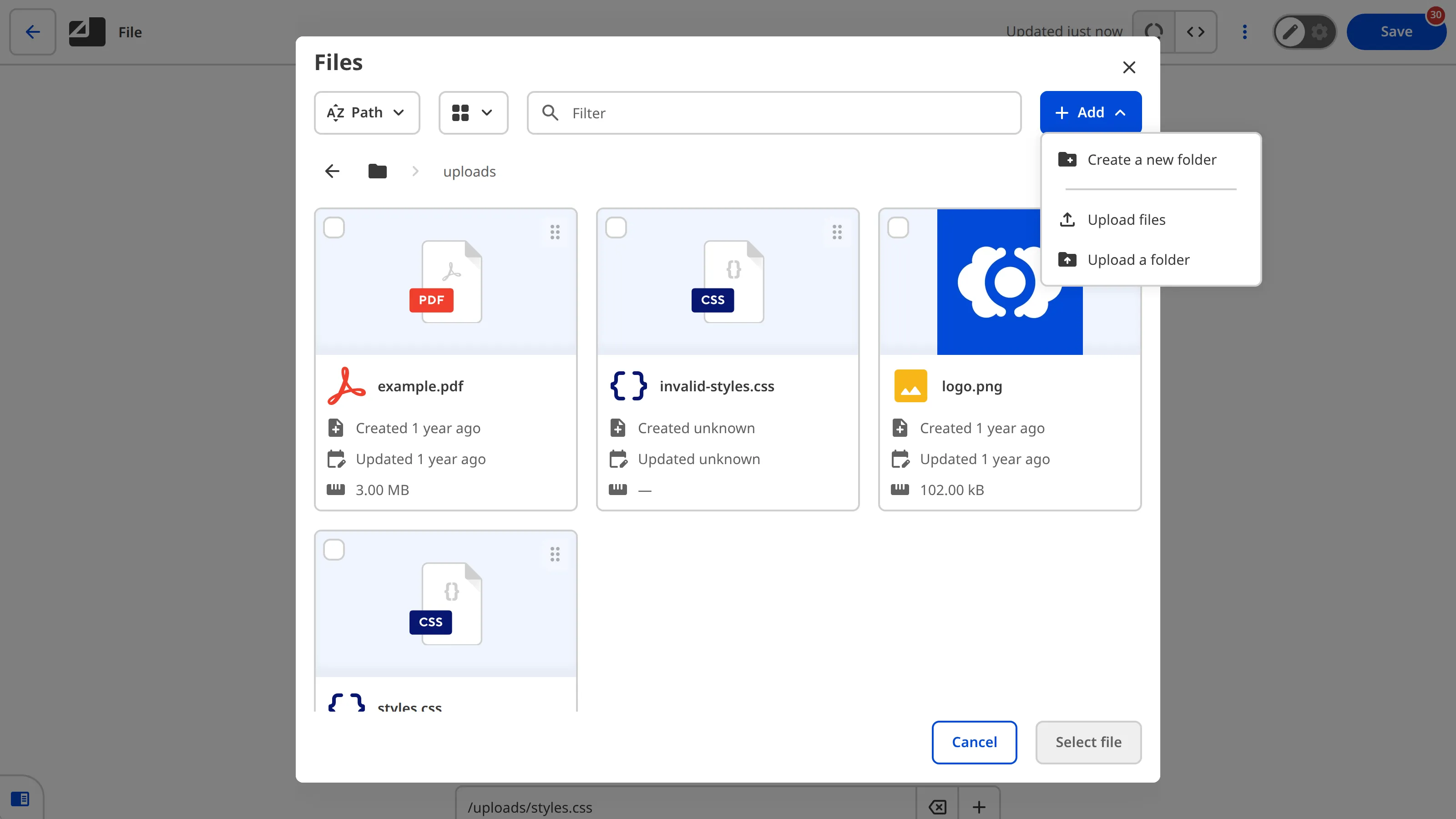 The file browser shows existing files with the Add button dropdown open, providing options to upload new files.