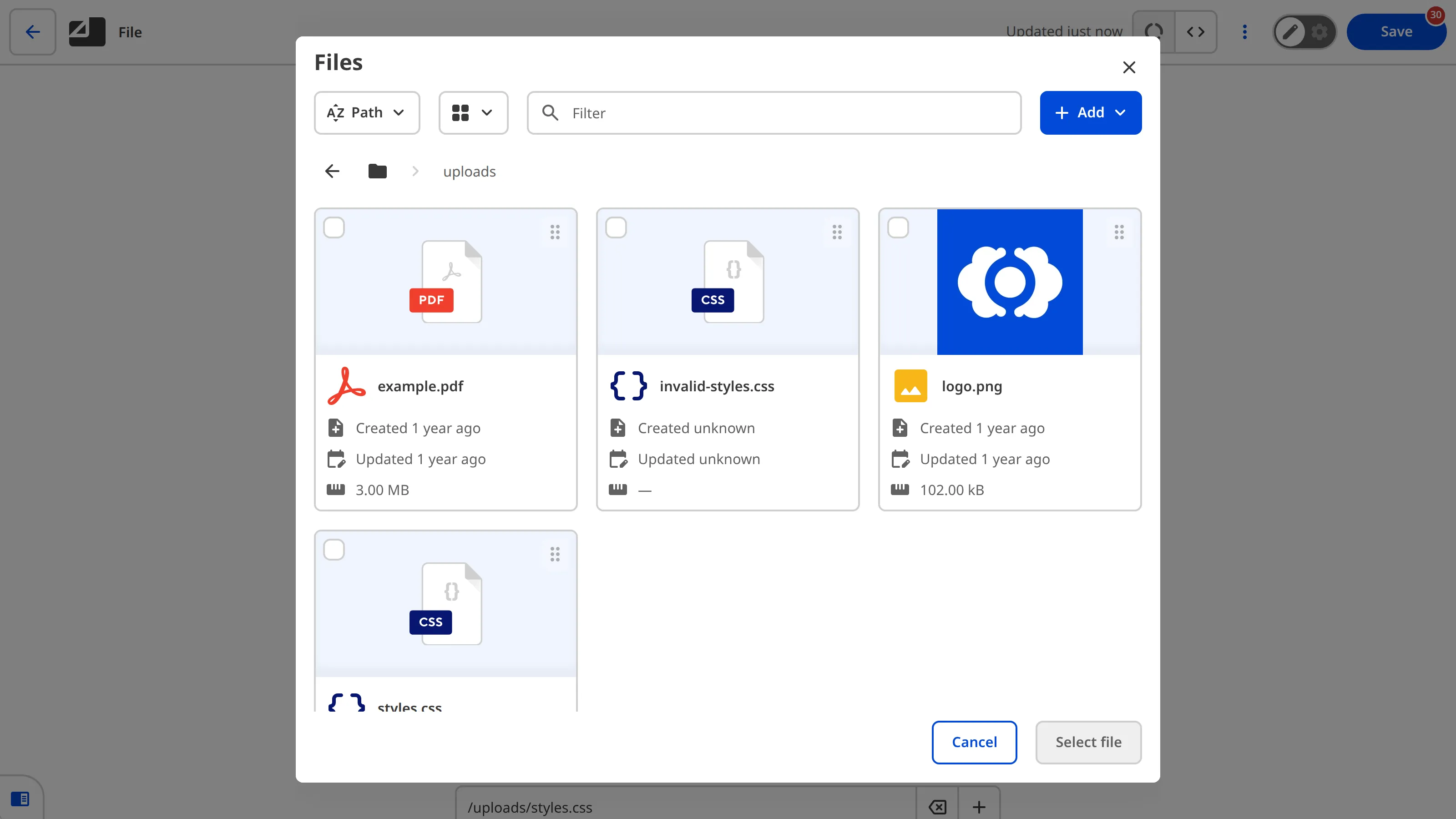 A screenshot of the File Input File Browser shows the default upload location for files, with three files you can select as the Input value.