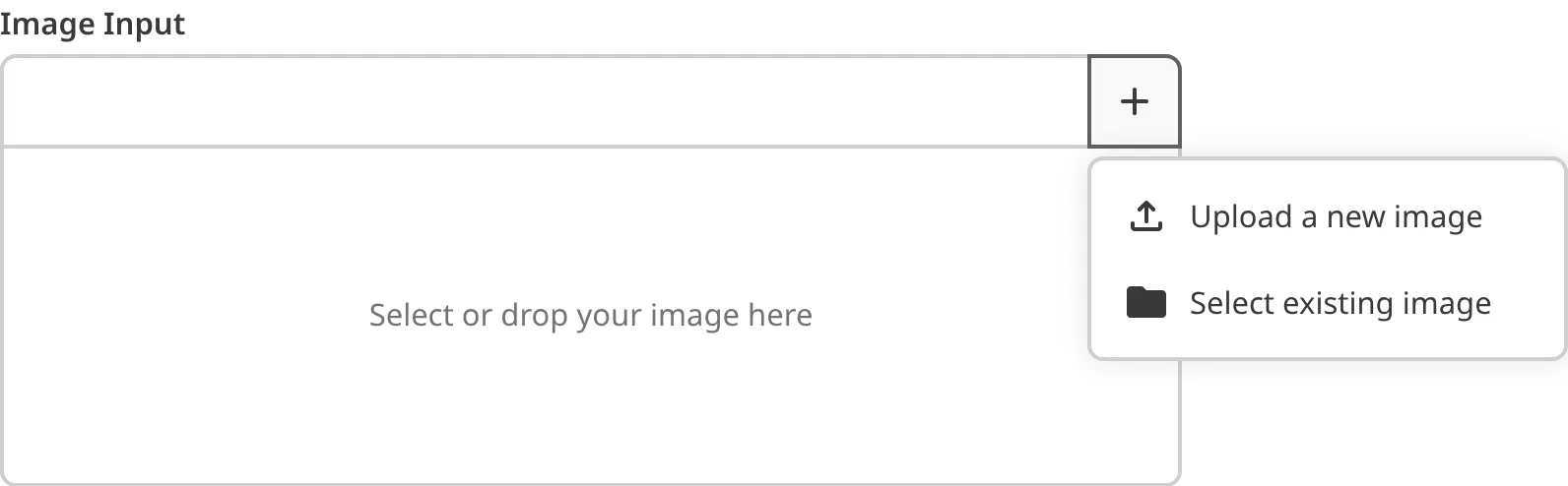 A closeup of the file input shows the options to upload or explore existing files in the input dropdown.