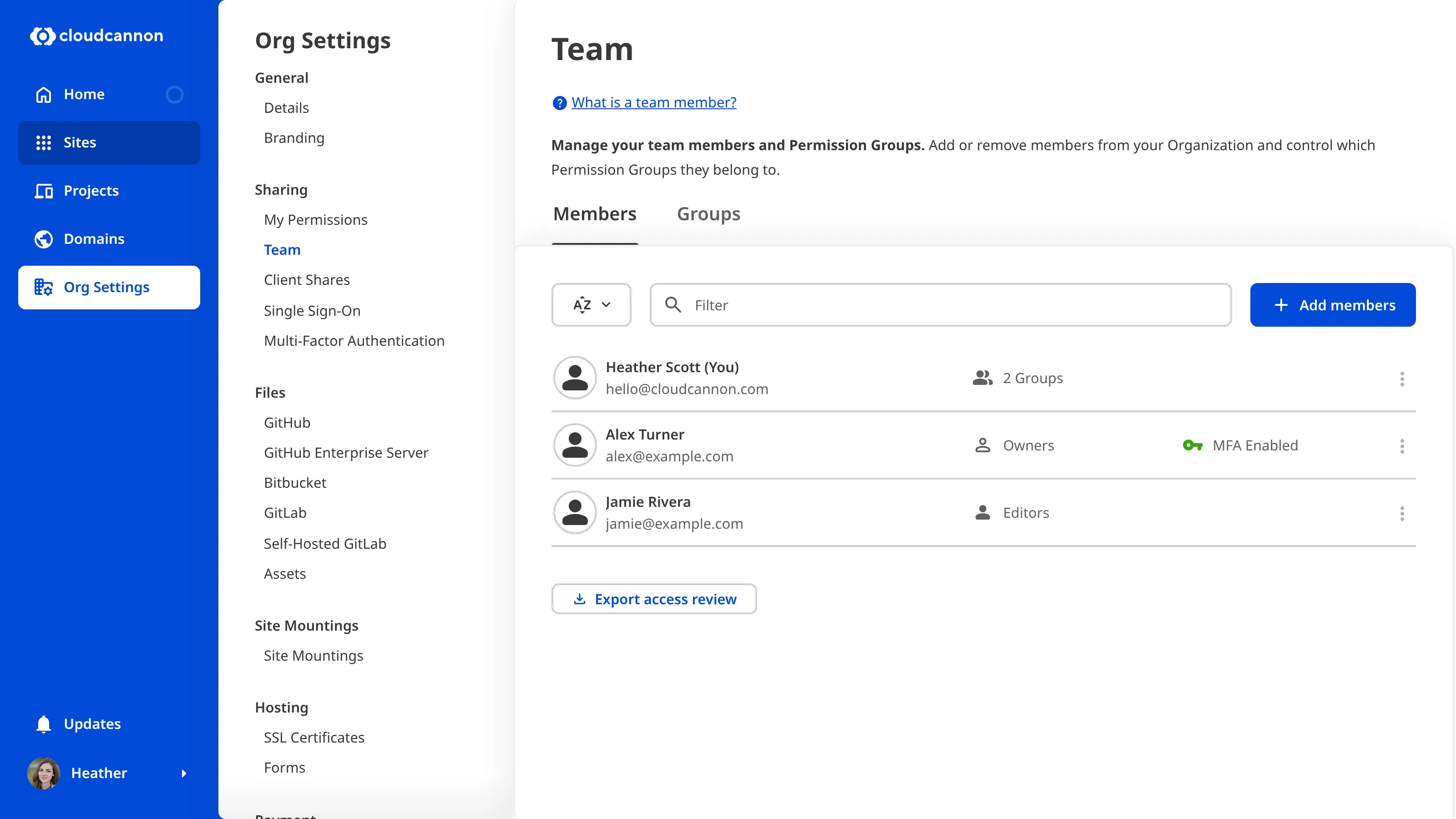 A screenshot of the Team page shows which team members have enabled MFA.
